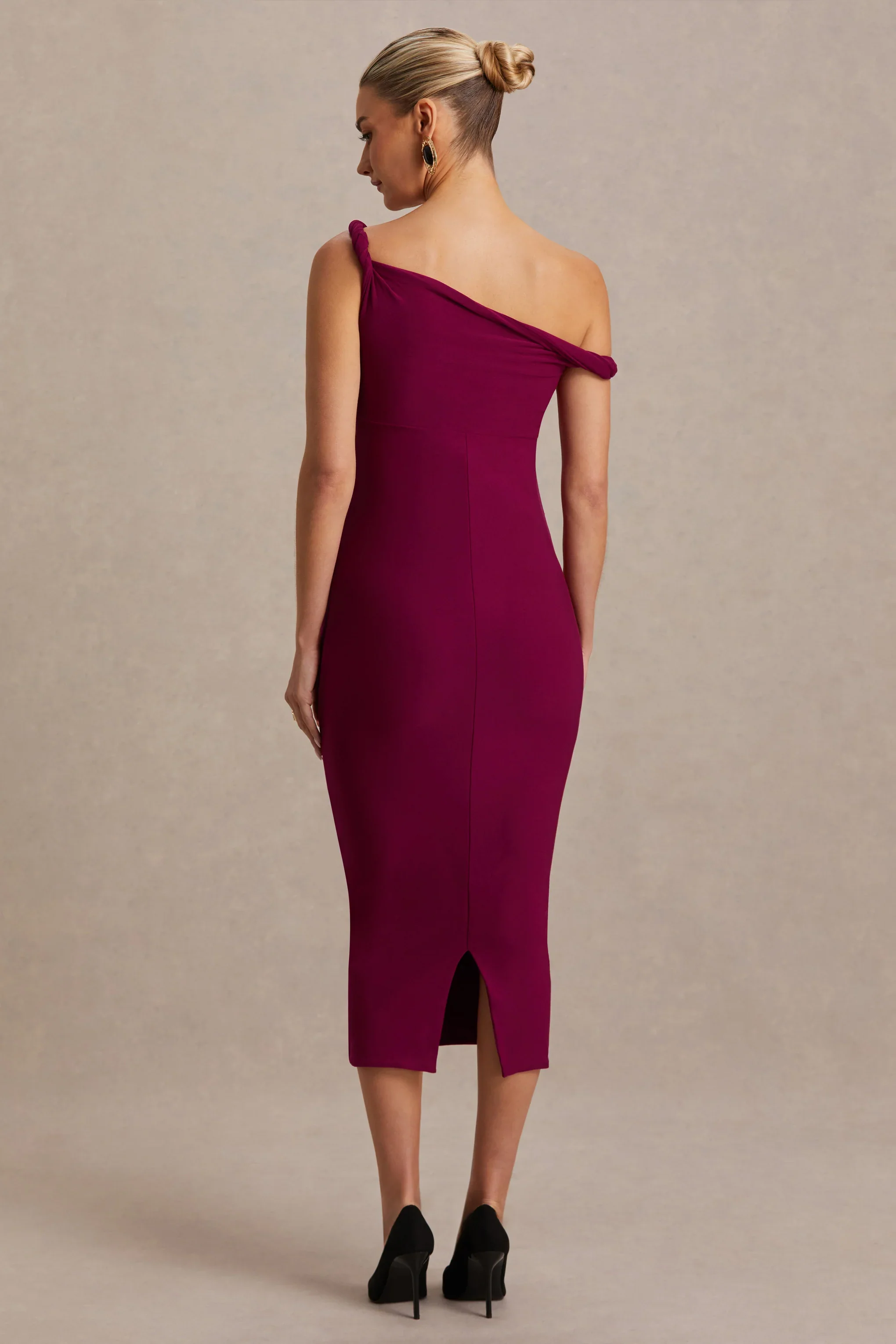 Salome | Burgundy Twisted Asymmetric Maternity Midi Dress