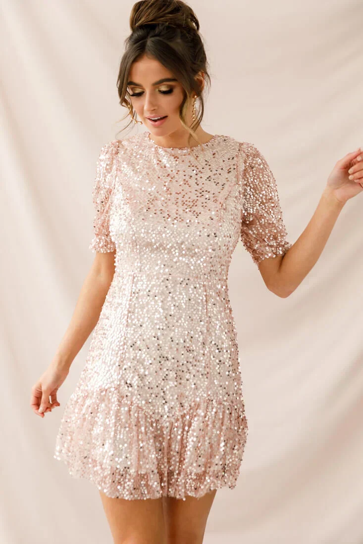 Shine On Sequin Overlay Puff Sleeve Dress Gold