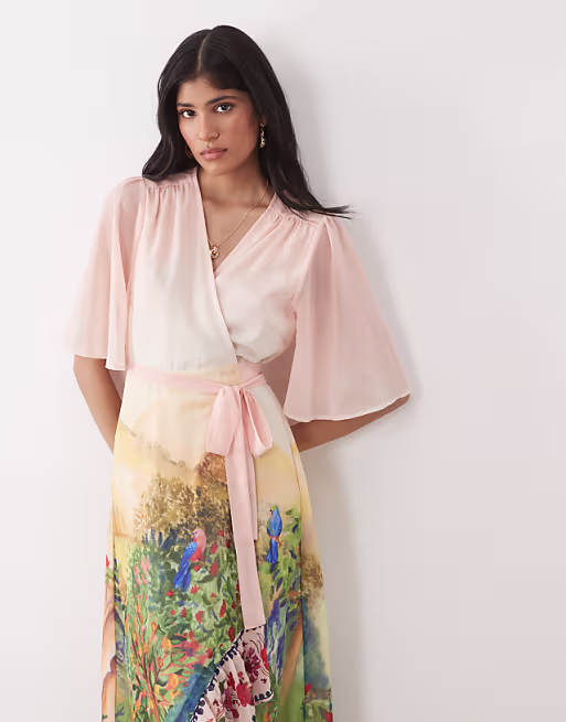 Hope & Ivy flutter sleeve wrap maxi dress in pink floral boarder scene