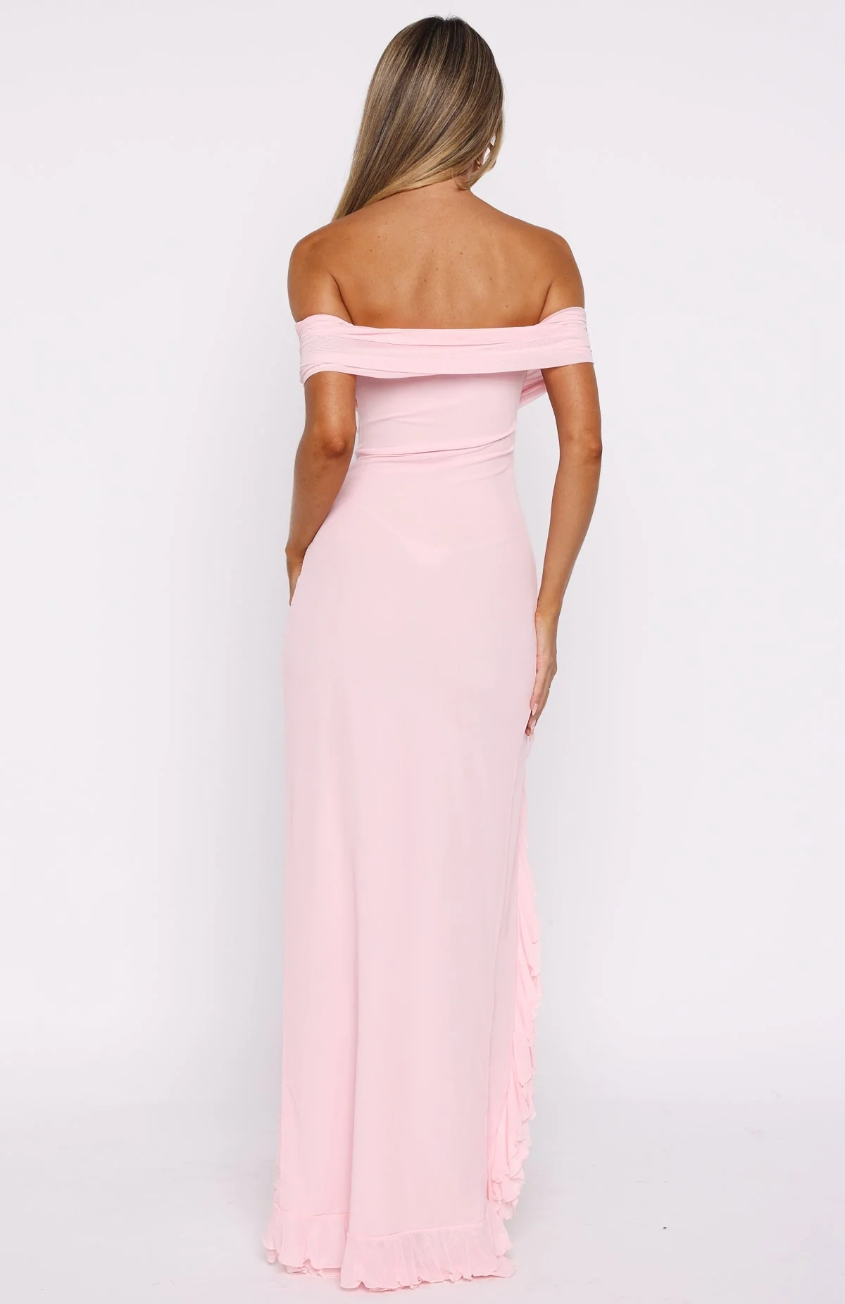 Icon In Motion Off Shoulder Maxi Dress Baby Pink - luluinthesky
