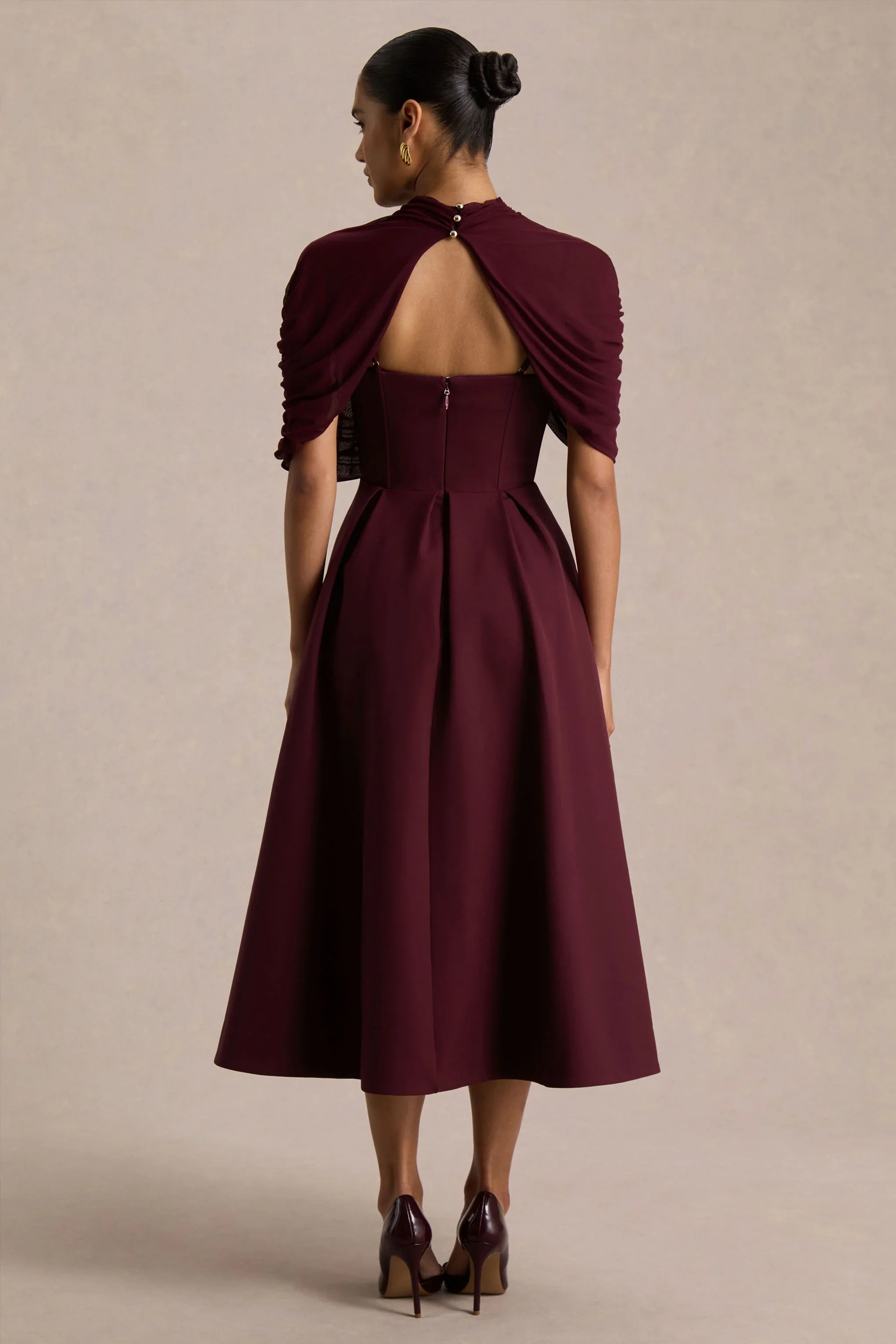 Thalia | Burgundy High-Neck Midi Dress With Sheer Mesh Cape