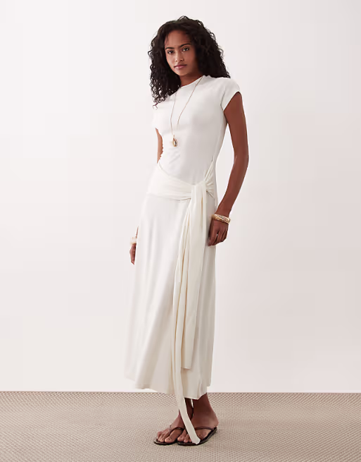 short sleeve midi dress with tie waist in cream