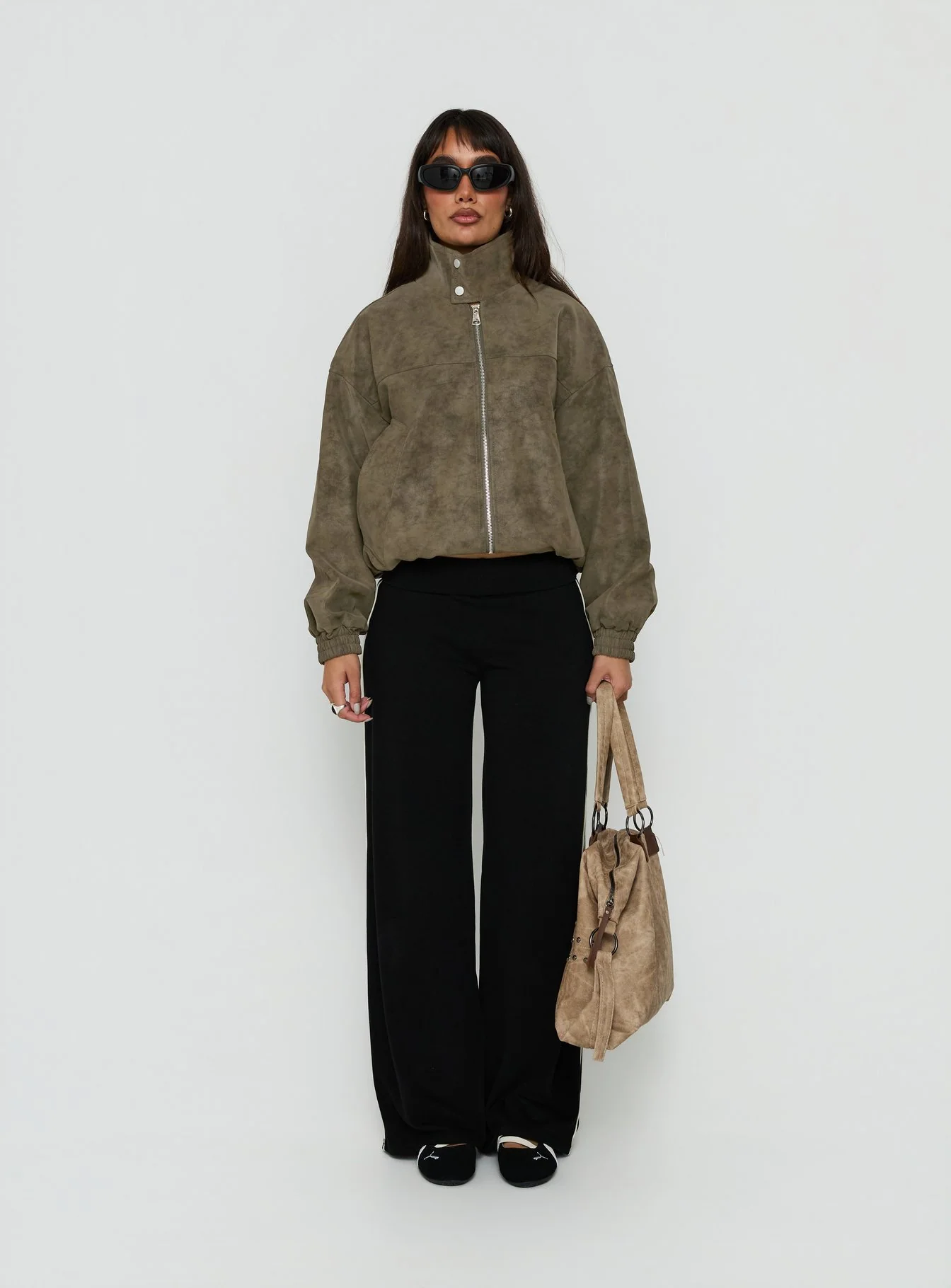 Ellissa Faux Suede Bomber Jacket Khaki