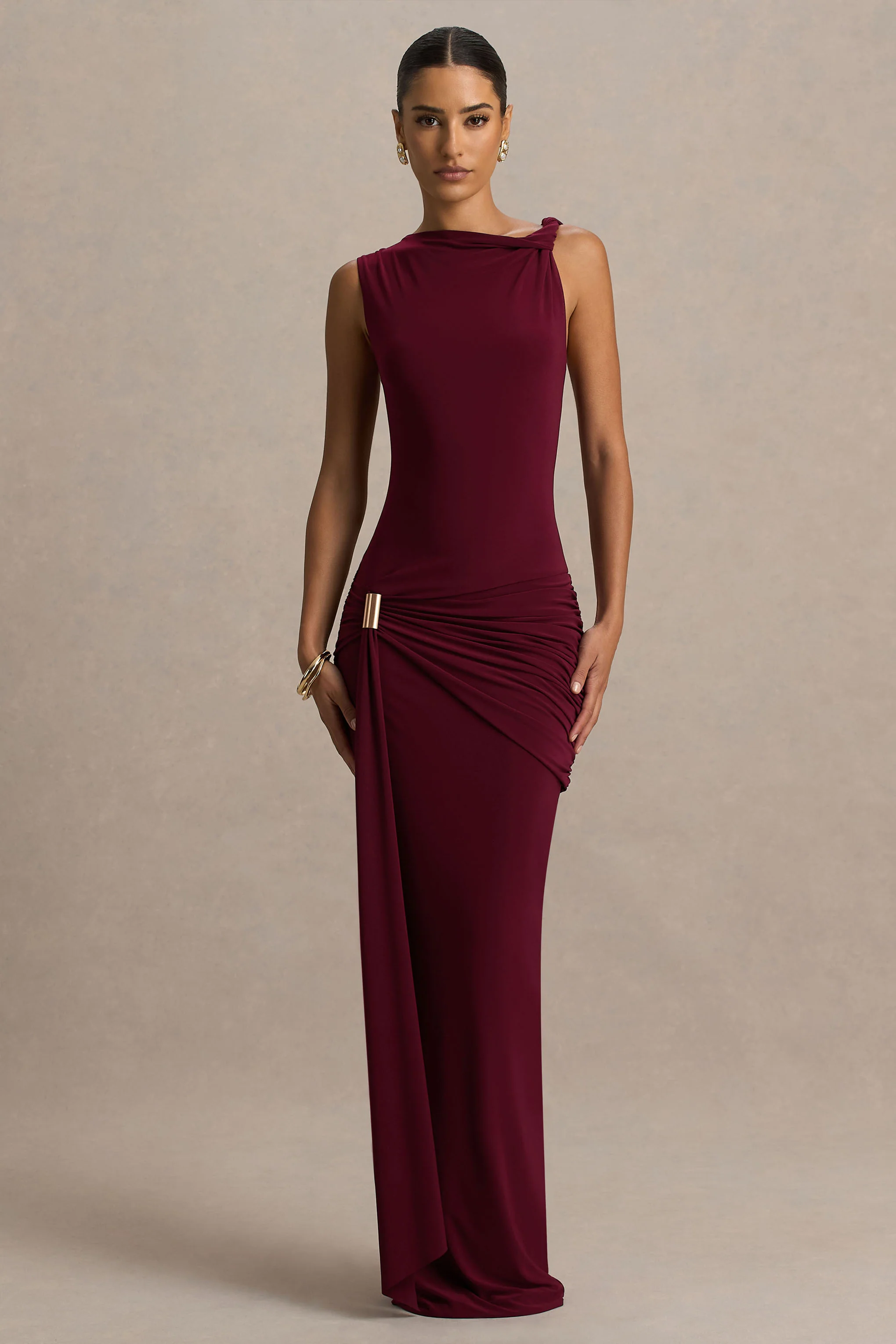 Decadence | Burgundy High-Neck Wrapped Maxi Dress With Twist-Sleeve