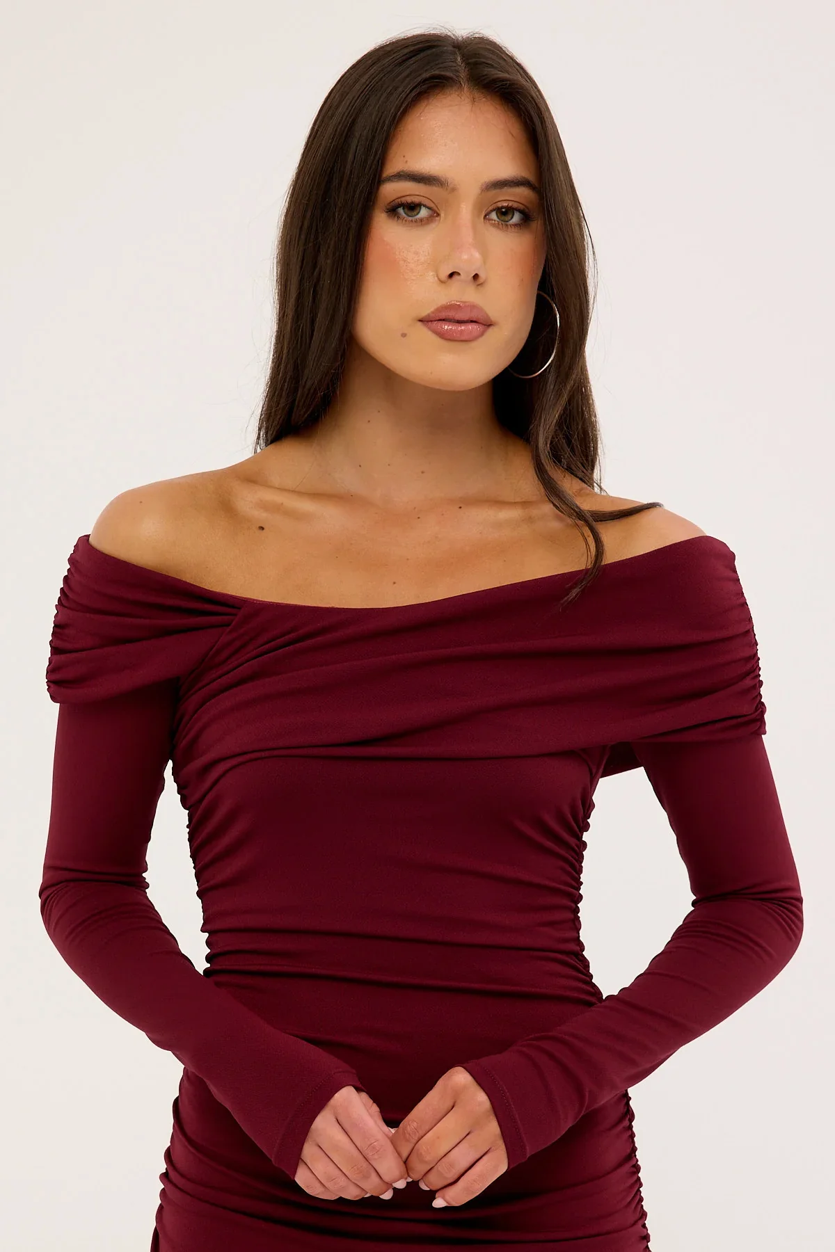 Perfect Stranger Romina Off Shoulder Maxi Dress Burgundy