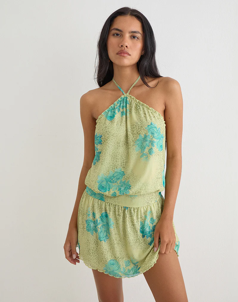 Sunyi Mini Dress in Green Blurred Jungle with Turquoise Rose