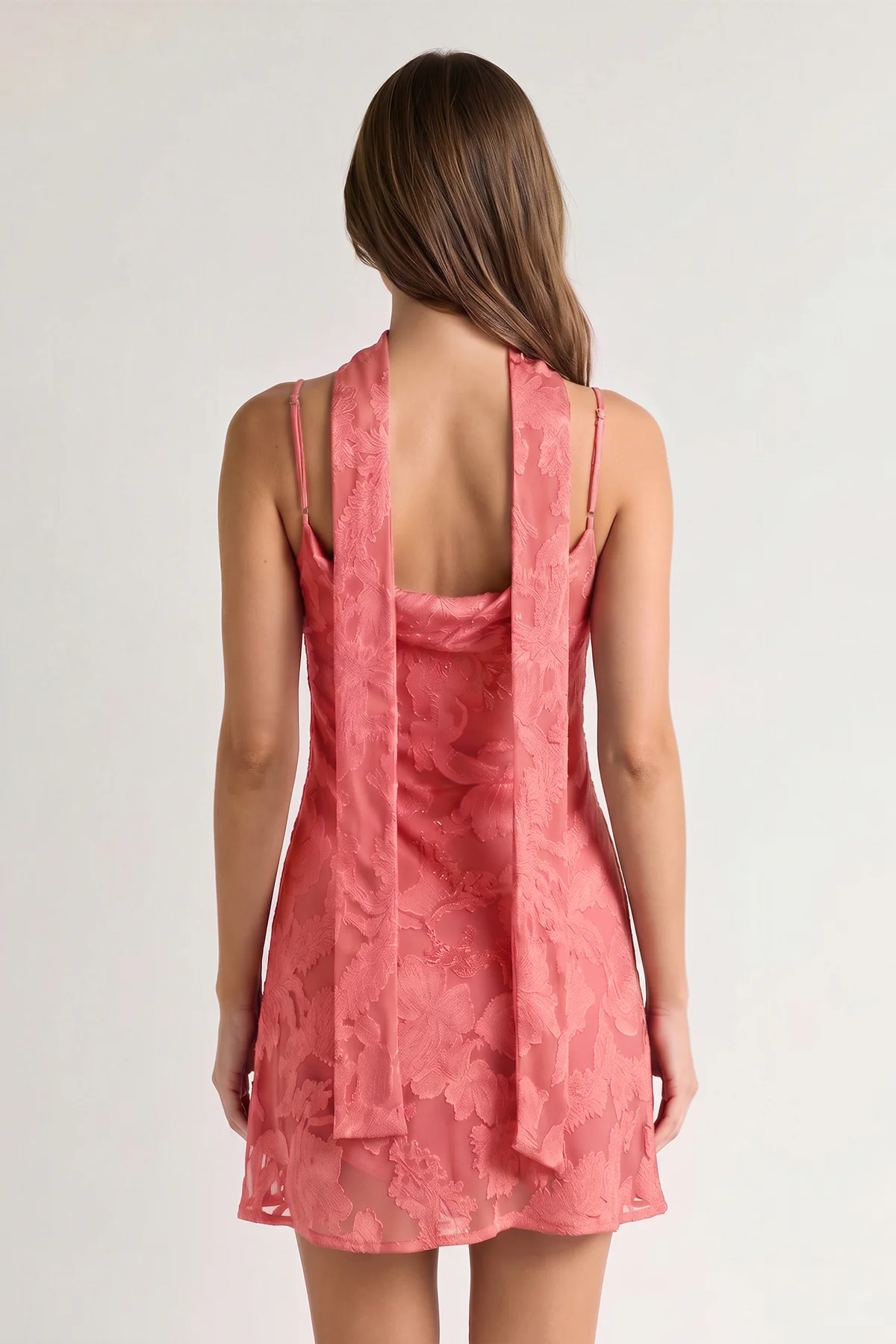 Red Jacquard Chiffon Cami Straps Sheath Homecoming Dress with Scarf