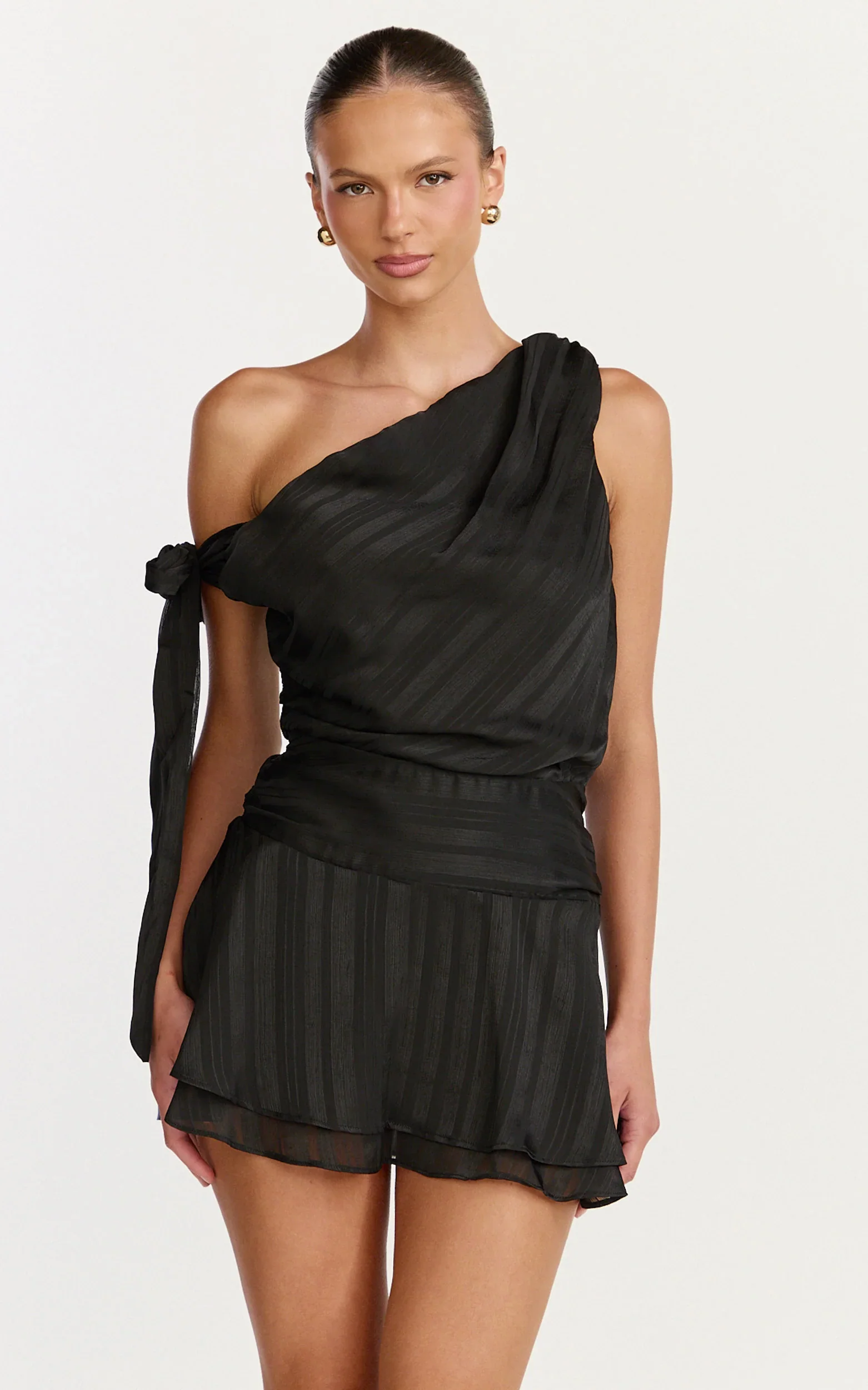 Giselle Mini Dress - Asymmetrical One Shoulder Tie Detail Dress in Black