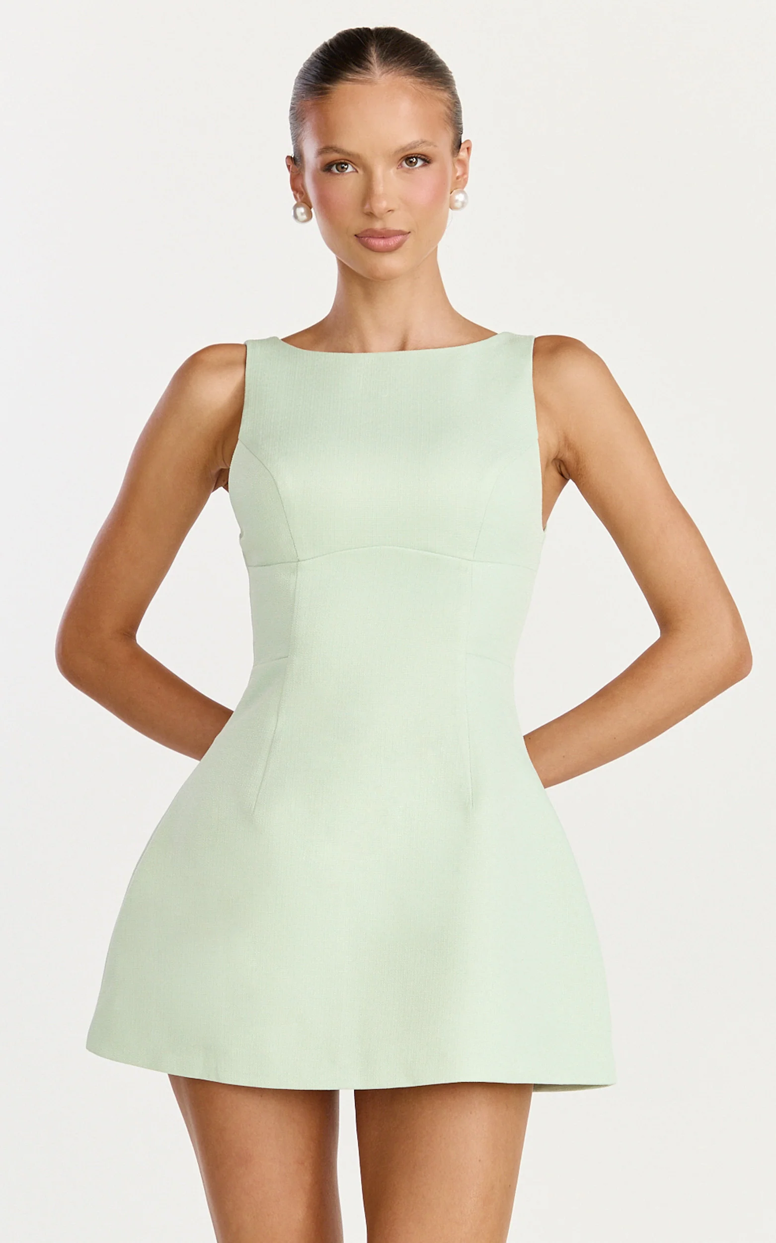 Raquelle Mini Dress - Boucle Boat Neck V Back Fit and Flare Dress in Pistachio
