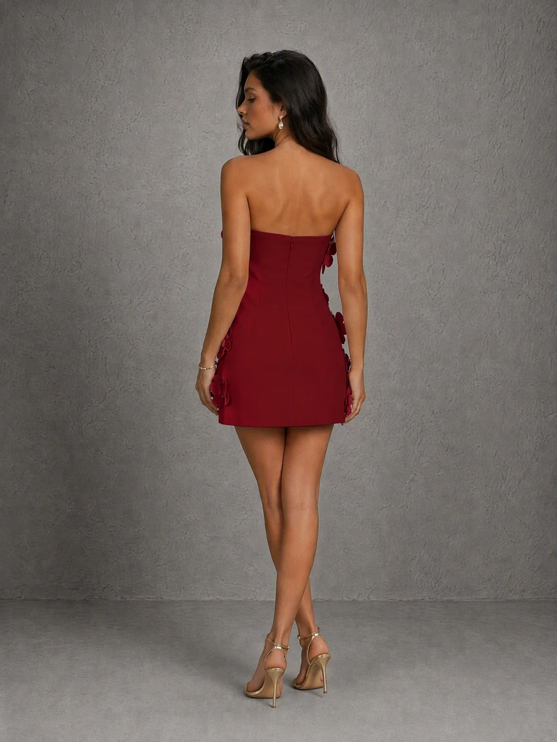 BOLODOO Burgundy Strapless 3D Tonal Floral Appliqué Mini Dress – Sleeveless Open Back Bodycon Cocktail Dress
