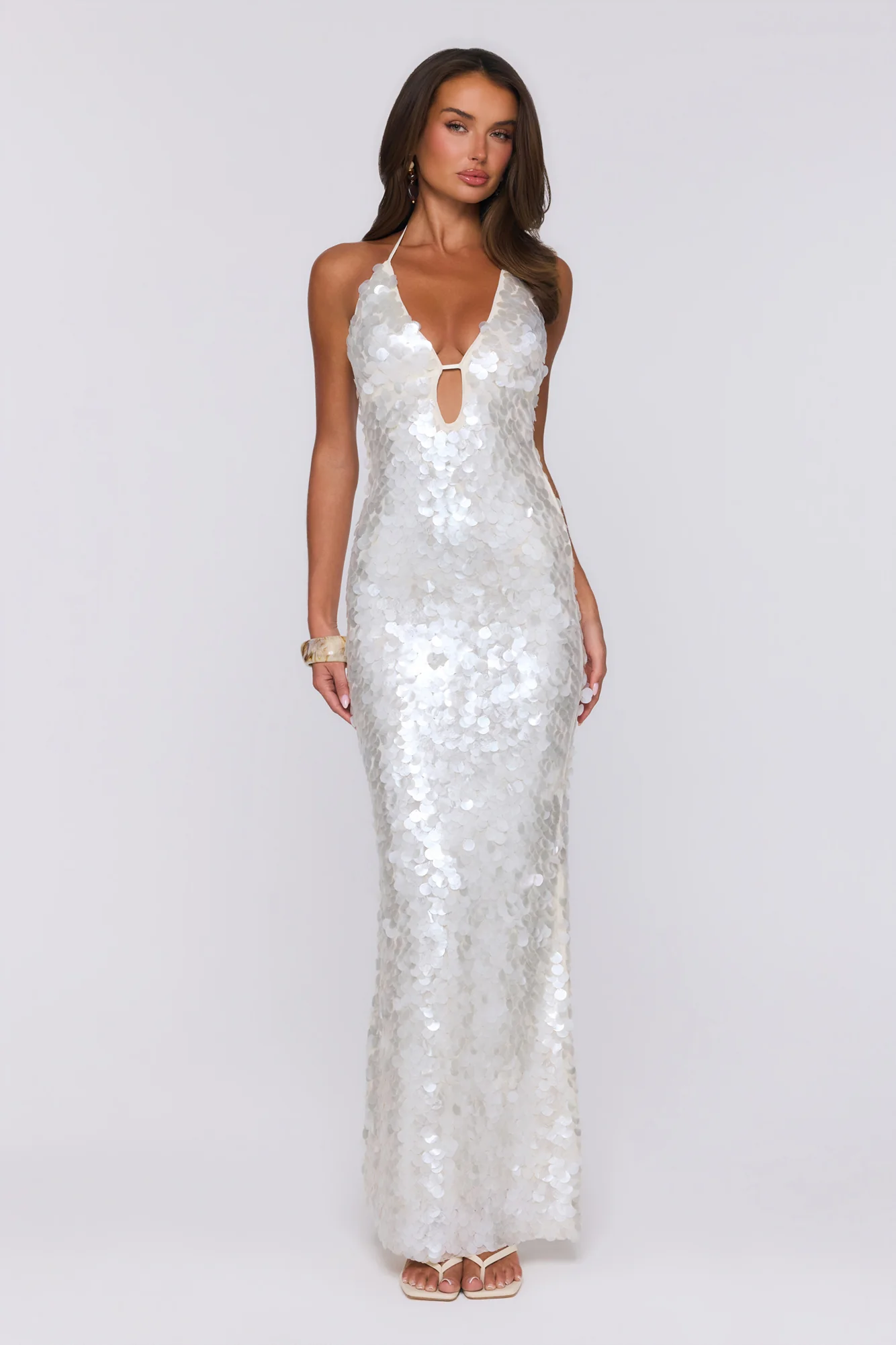 Sparkling Affair Sequin Halter Maxi Dress Ecru White