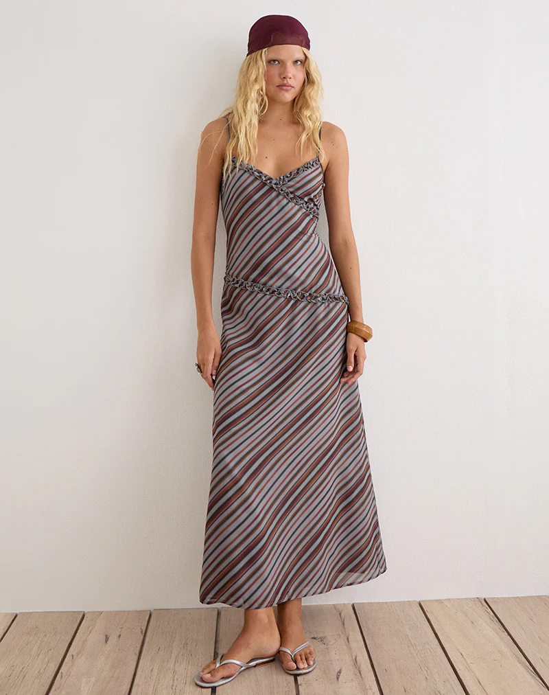 Angie Maxi Dress in Chiffon Grey and Maroon Diagonal Stripe
