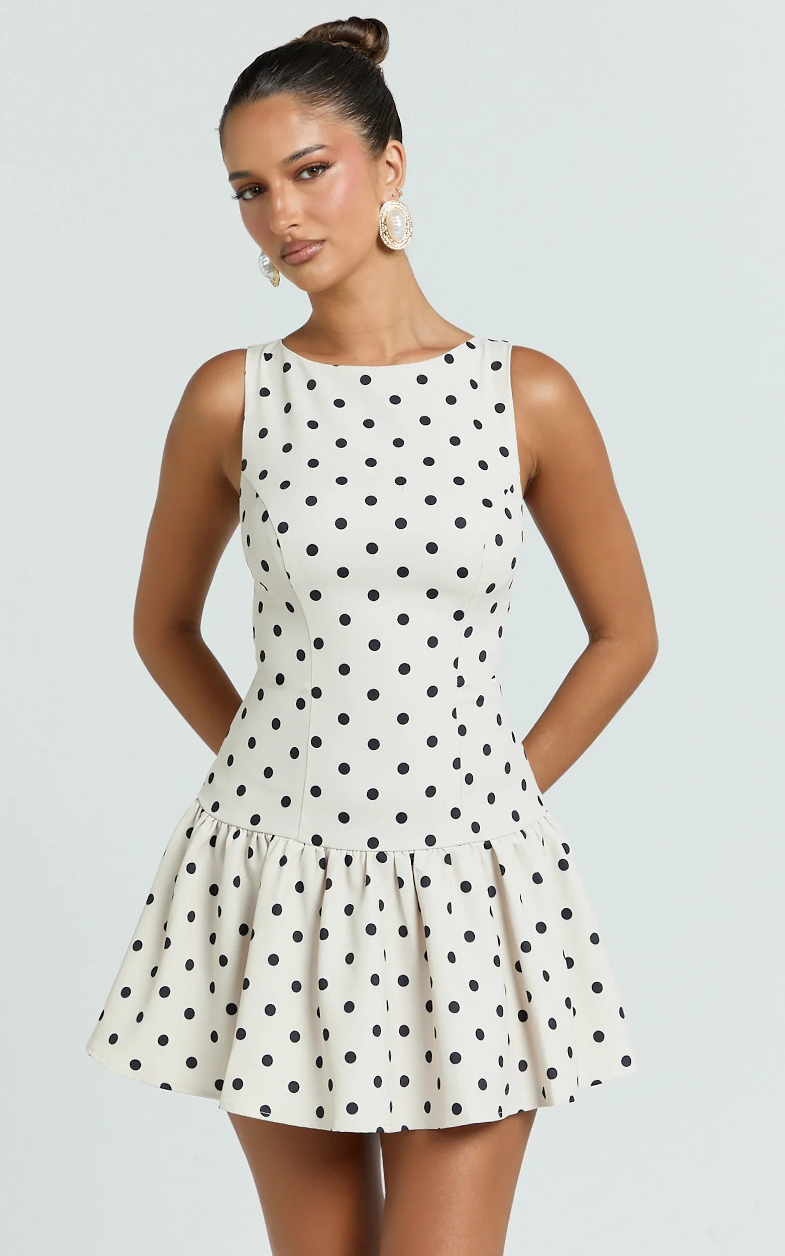 Brooke Mini Dress - Boat Neck Drop Waist Dress in Cream Polka Dot