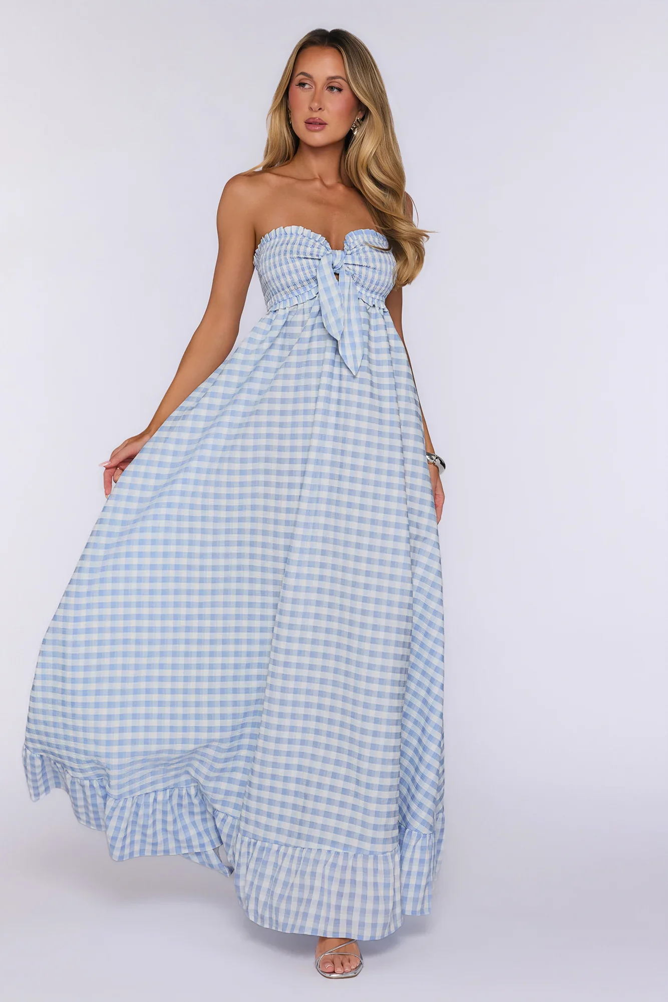 Picnic Perfect Look Strapless Gingham Maxi Dress Blue