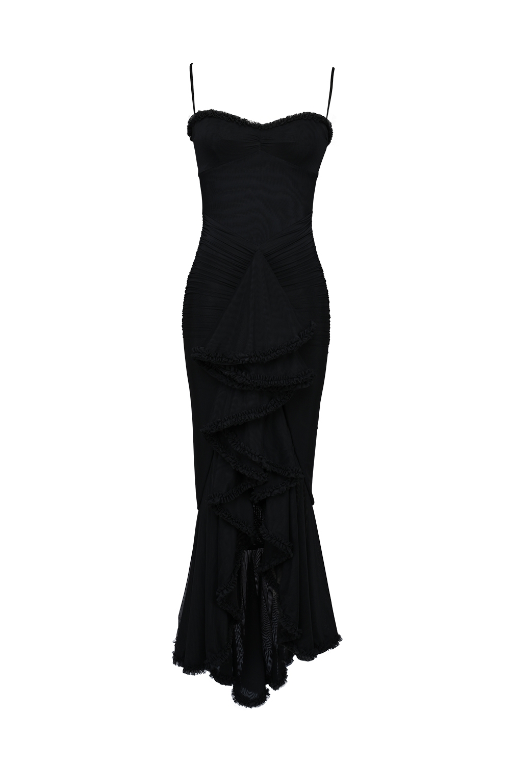 black mesh ruffled front gown