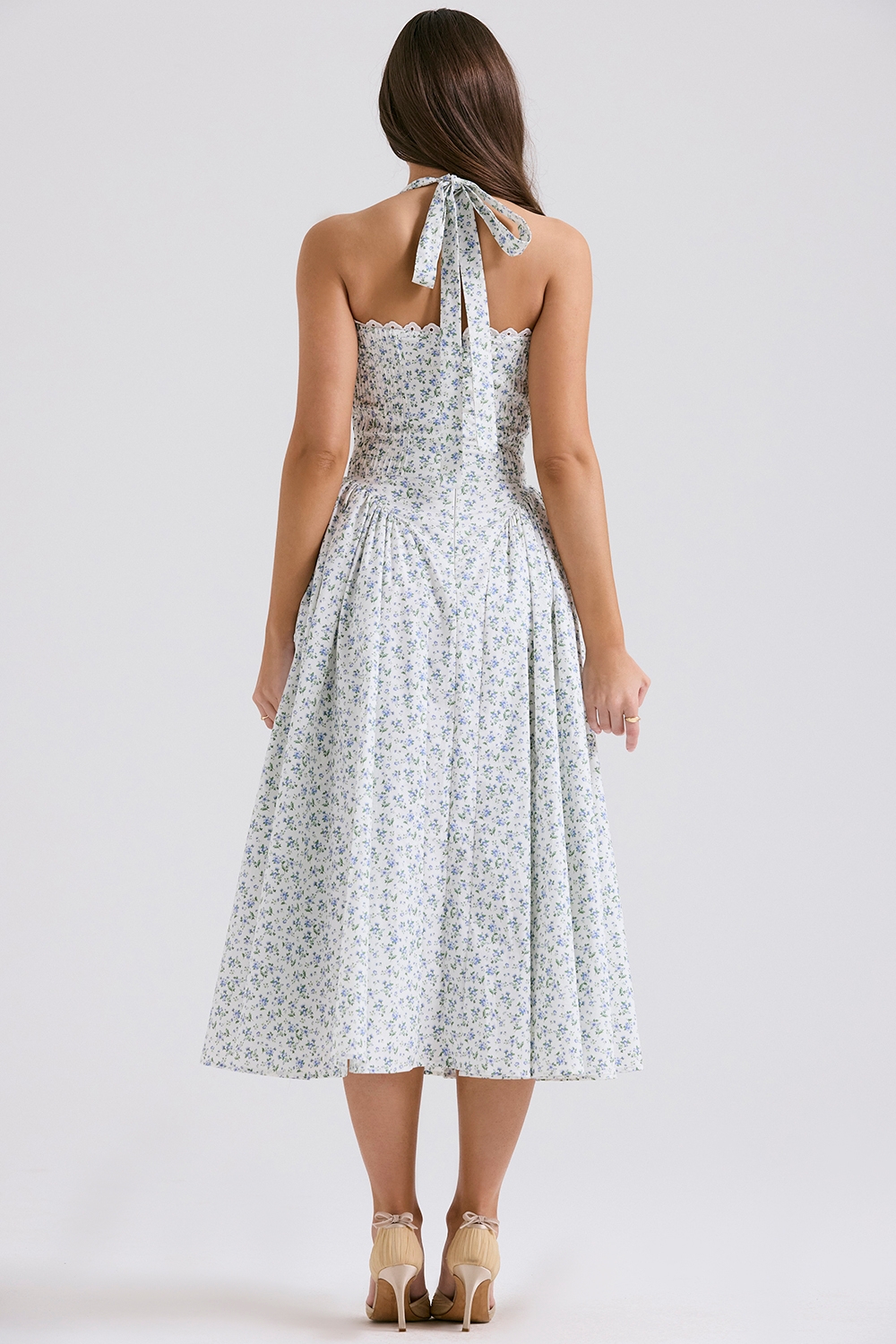 White Bluebell Print Cotton Halter Sundress