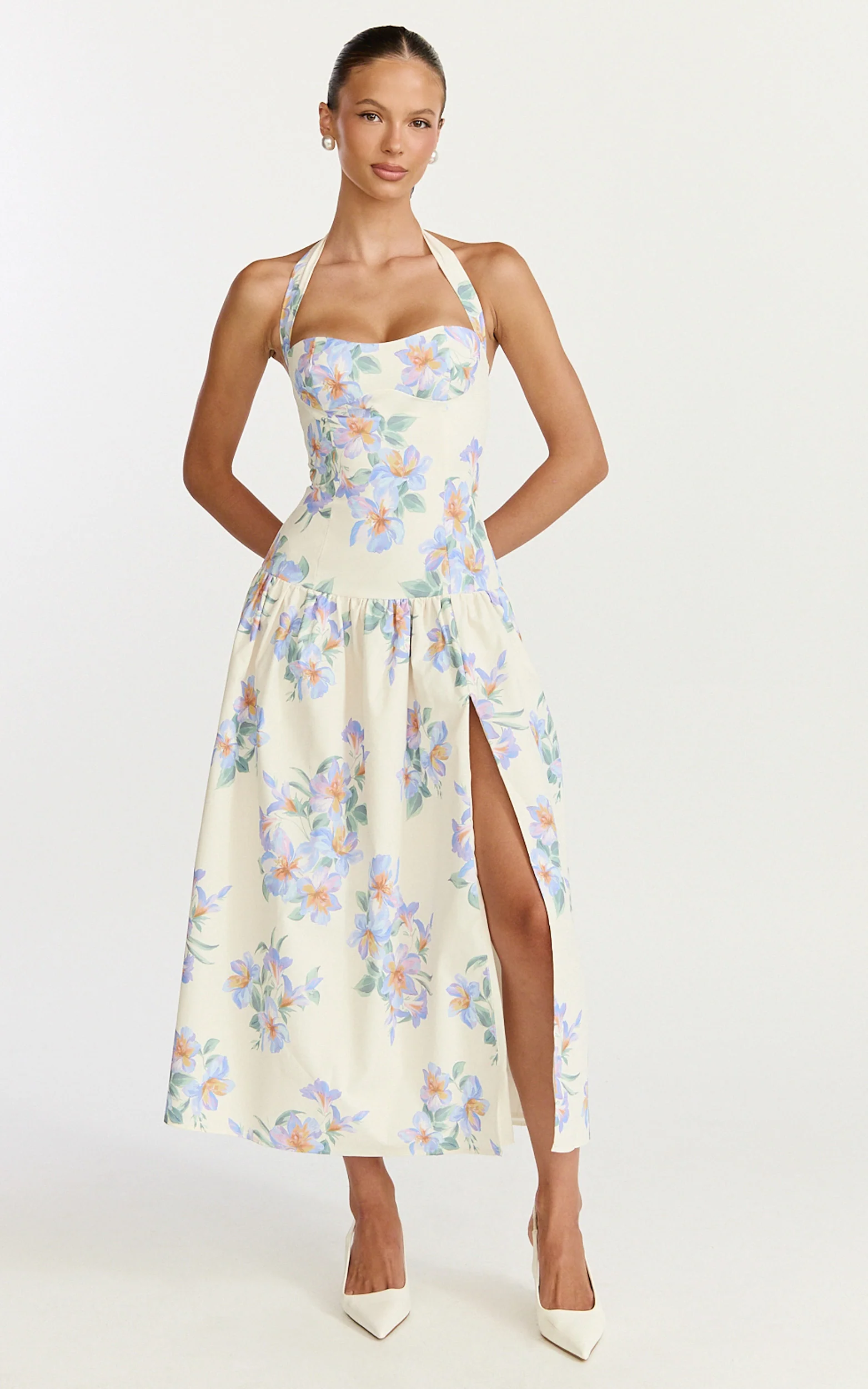 Astra Midi Dress - Halter Neck Drop Waist Dress in Astra Posey Floral Print