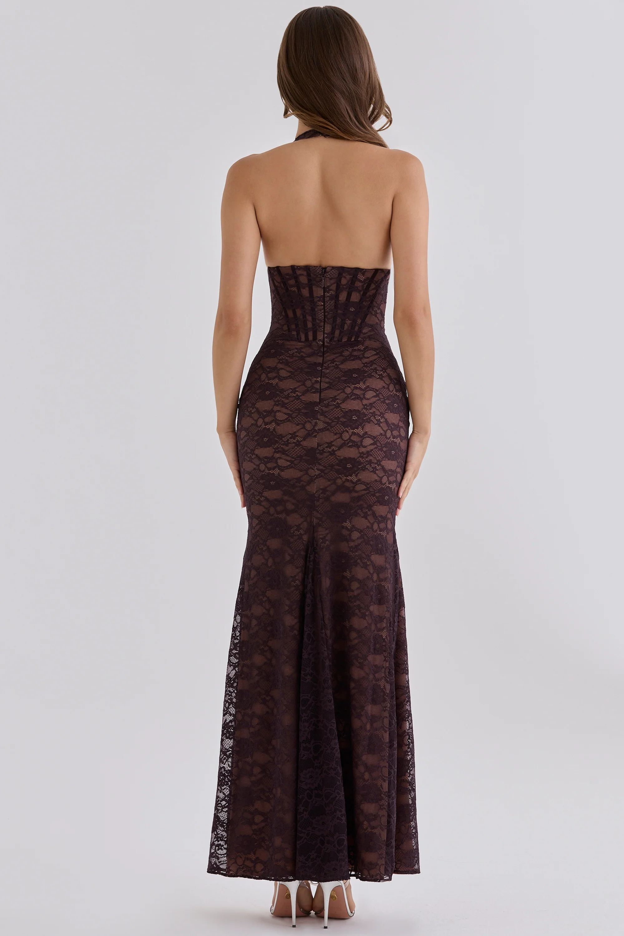 Chocolate Brown Lace Contouring Silhouette  Maxi Dress