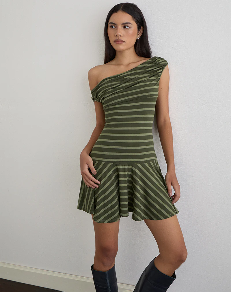 Mausari Mini Dress in Wide Stripe Green