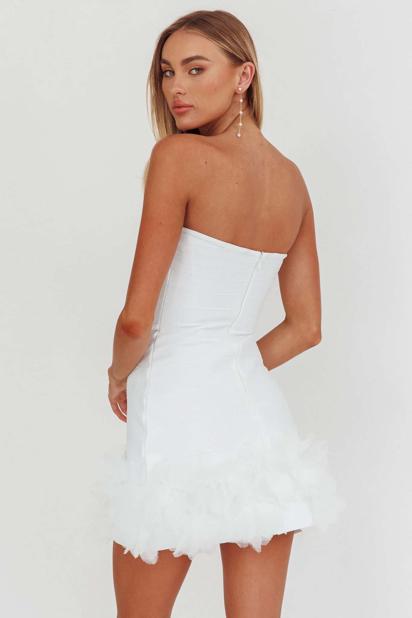 Leni Strapless Embellished Hem Mini Dress White - luluinthesky