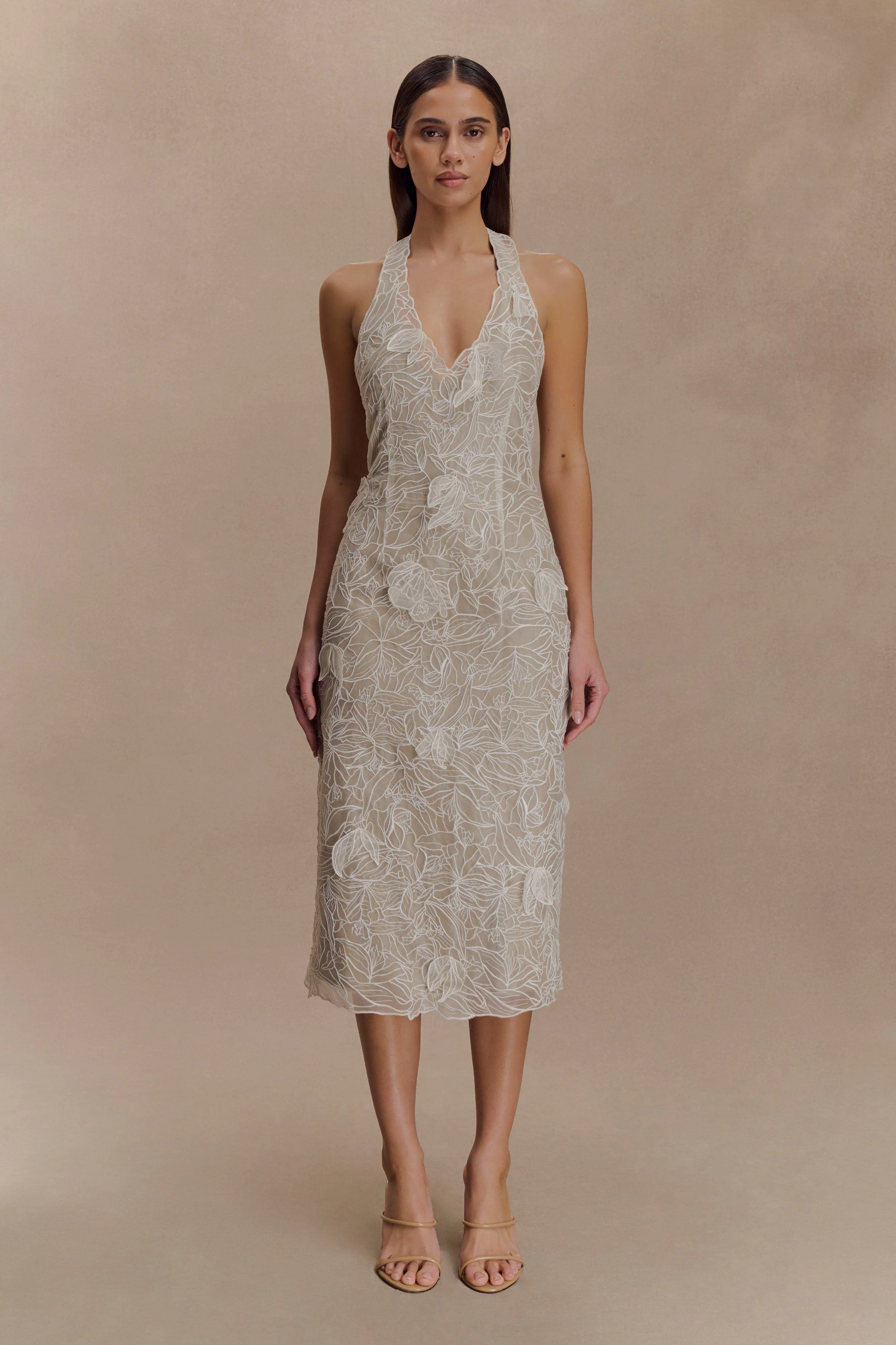 Lenore Silk Lace Halter Midi Dress - Ivory