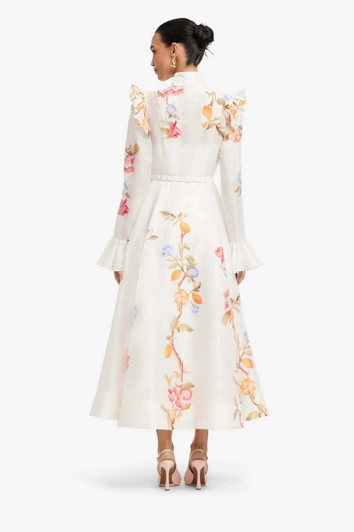 Selina Butterfly Sleeve Midi Dress - Lemon Vine Print in Snow