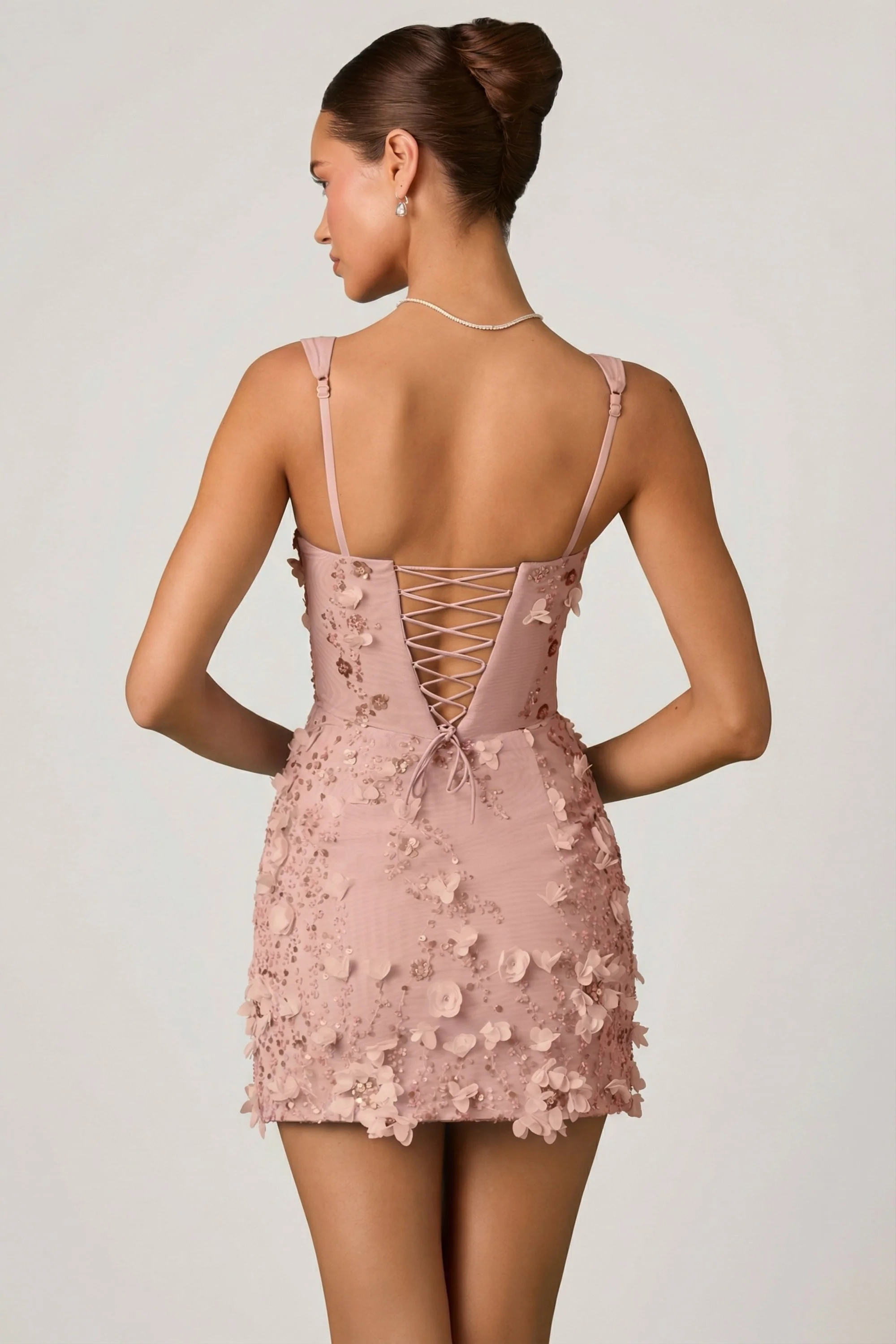 Embellished Appliqué Corset Mini Dress in Dusty Rose