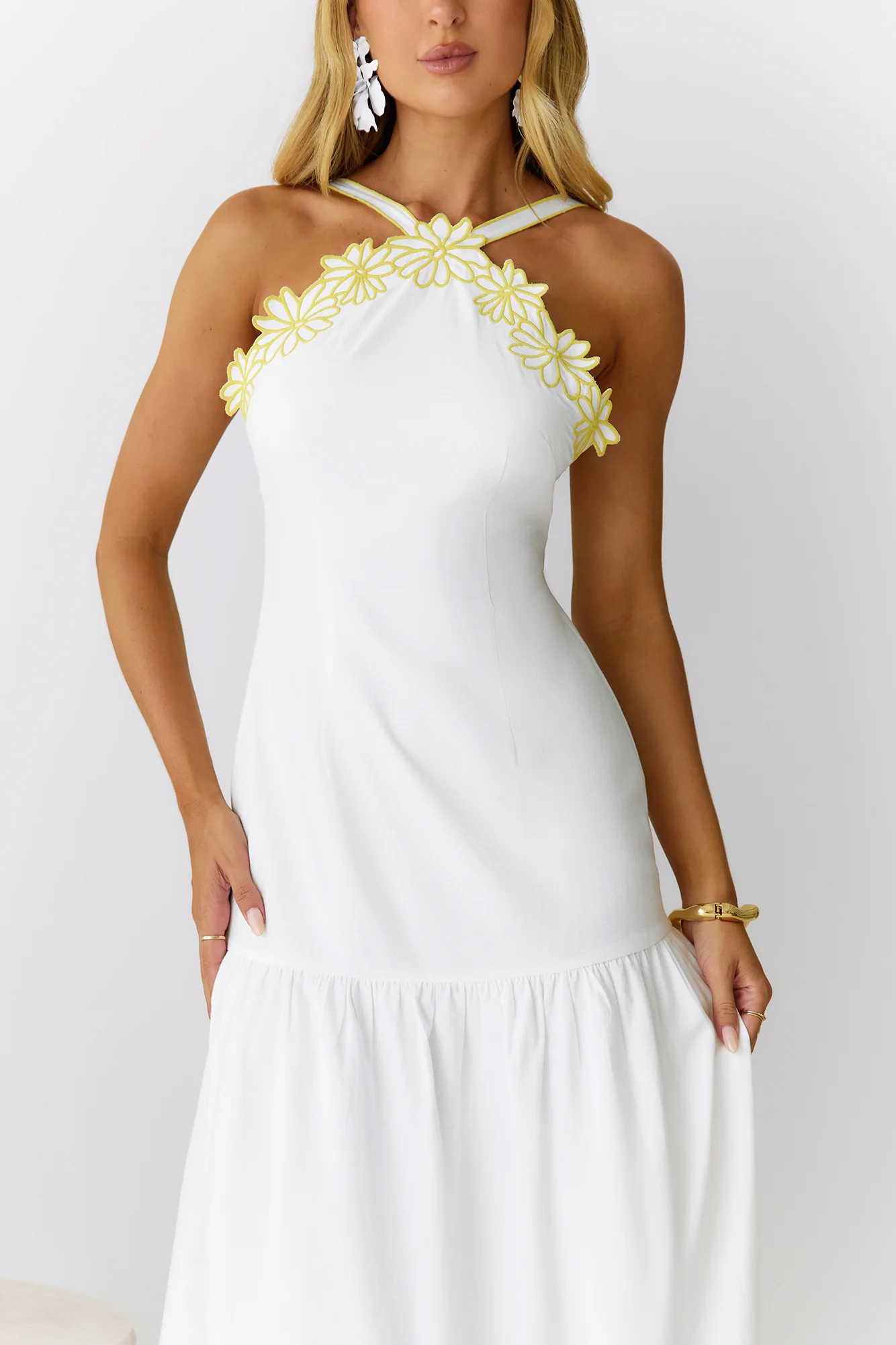 Golden Petals Midi Dress White - luluinthesky