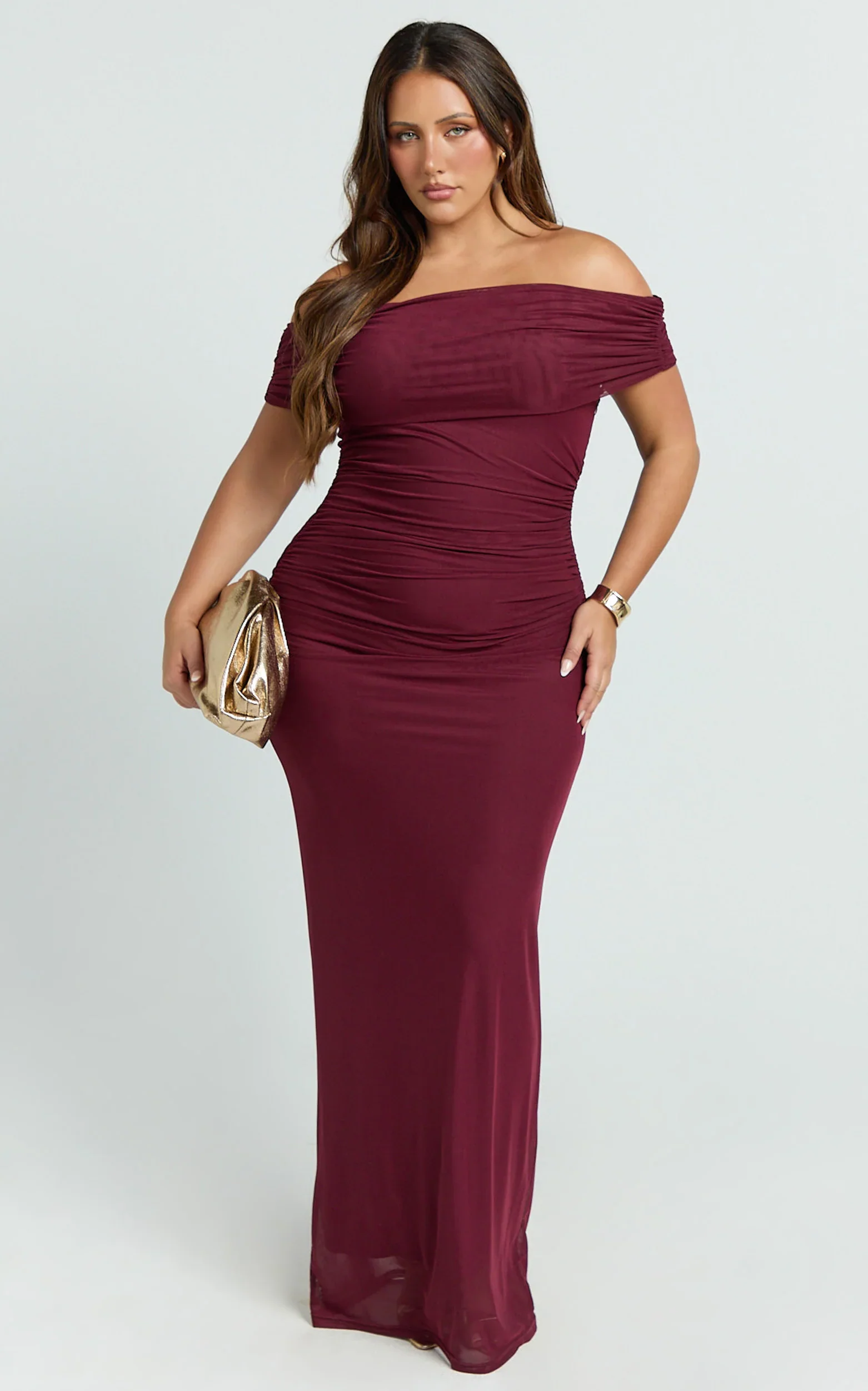 Caterina Maxi - Ruched Off Shoulder Mesh Dress in Wine