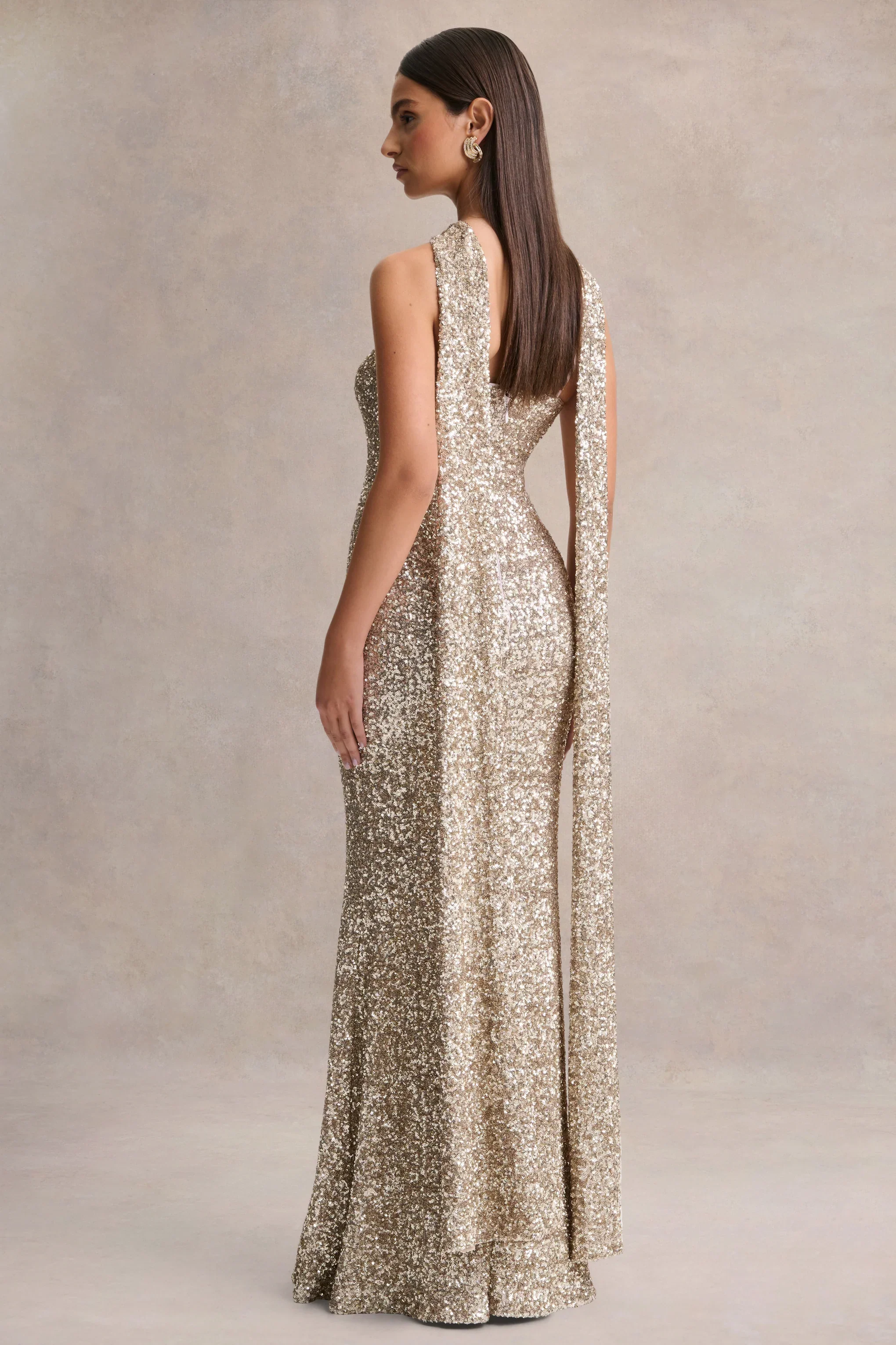 Renelle | Gold Sequin Halter-Neck Maxi Dress