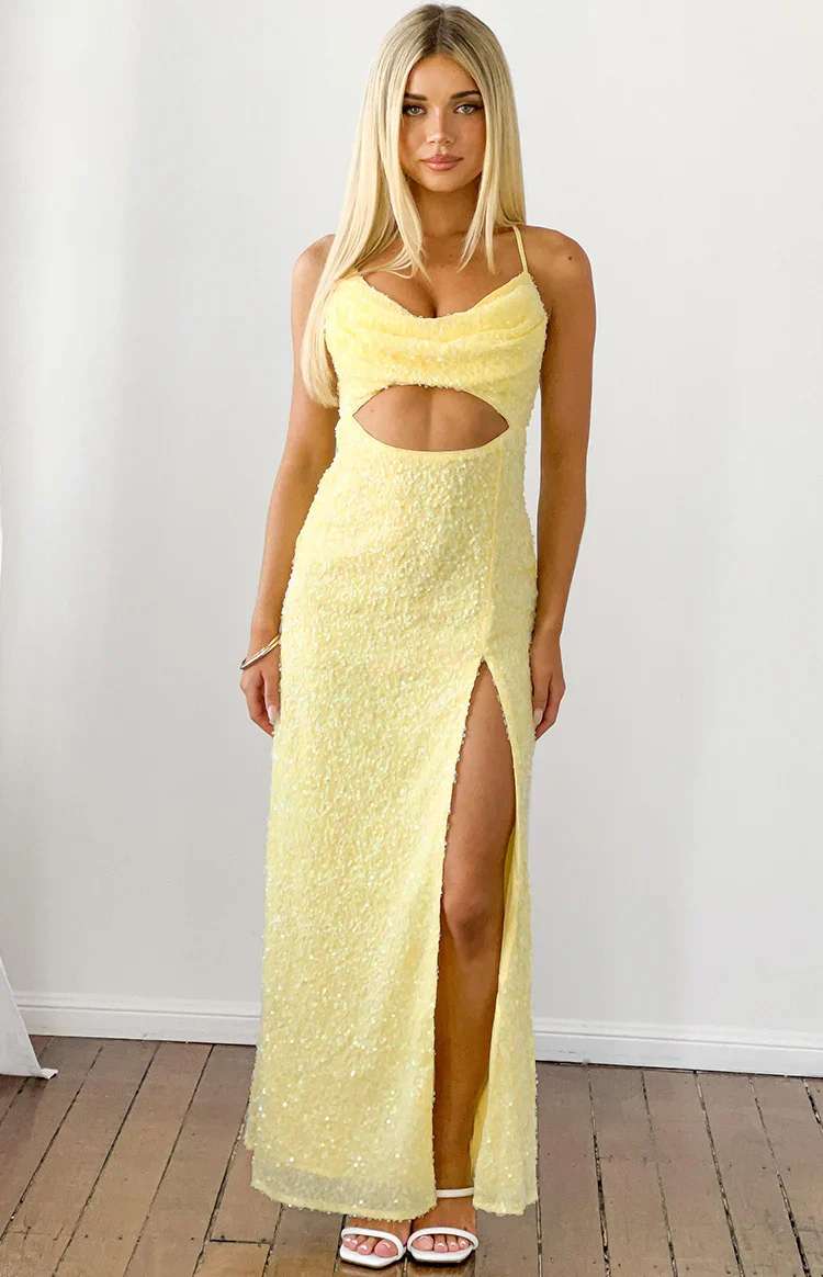 Fallon Yellow Sequin Cut Out Formal Maxi Dress