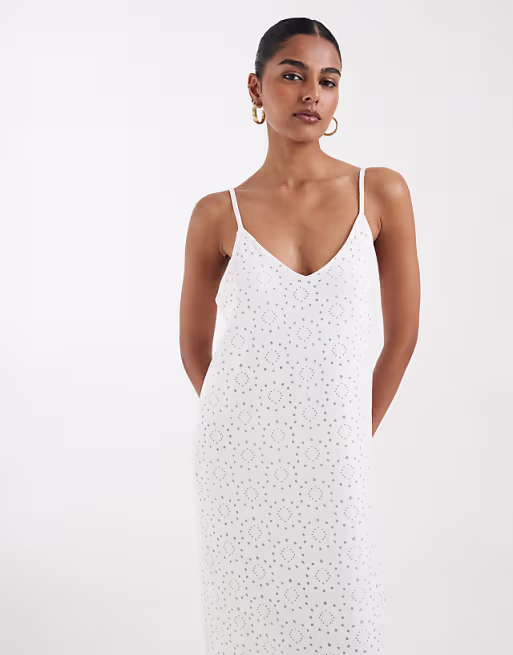 Vero Moda jersey floral broderie cami midi dress in white