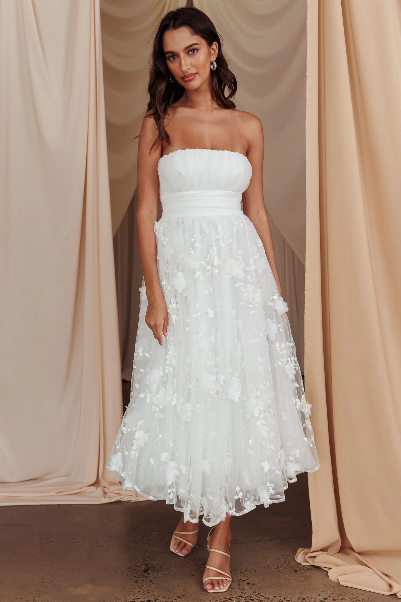 Fayette Strapless Mesh Midi Dress Embellished White