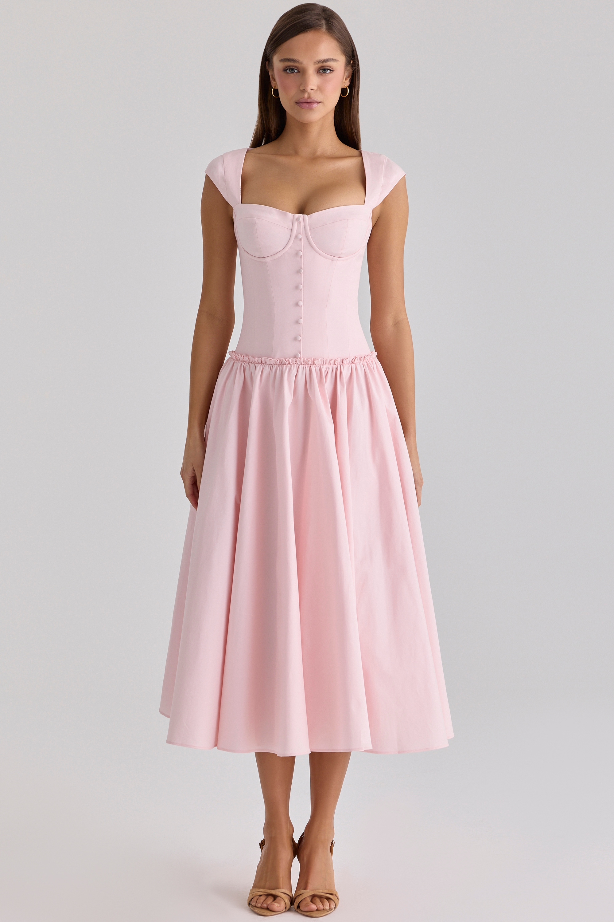 pink cotton cap sleeve midi dress