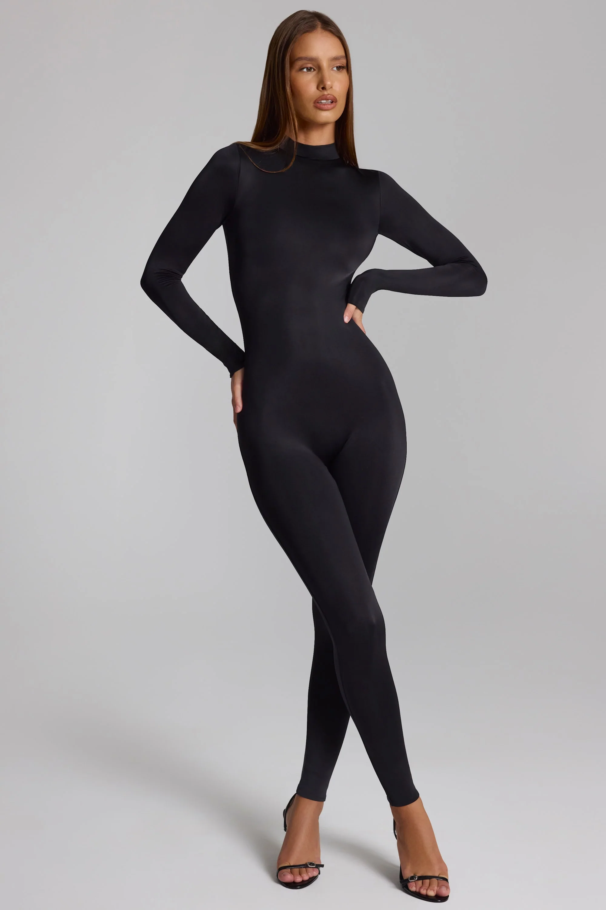 High Neck Long Sleeve Jumpsuit in Black