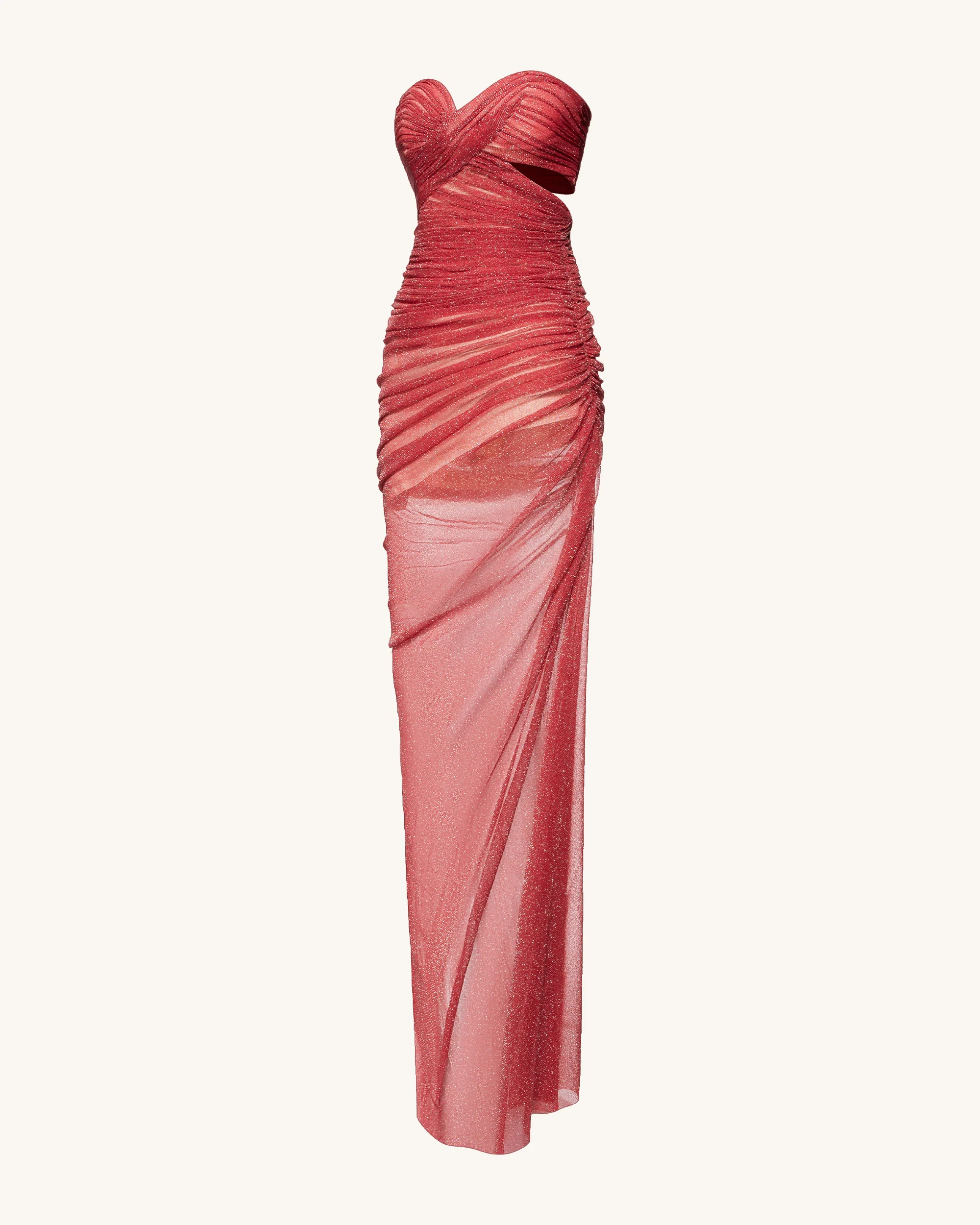 Mia Strapless Sheer Glitter Gown - Scarlet - FASHION NOB