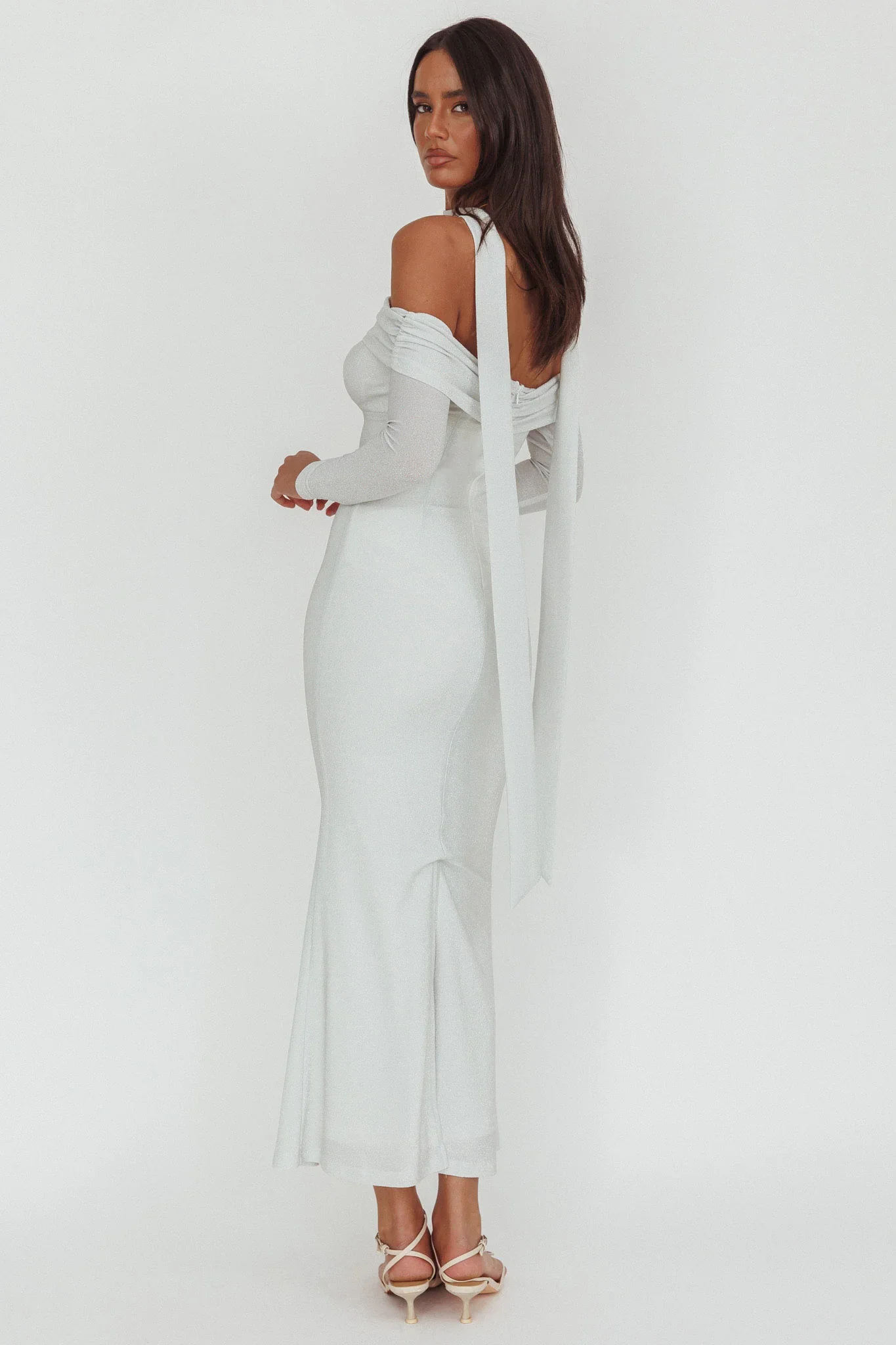 Flutters Off-Shoulder Long Sleeve Maxi Dress White
