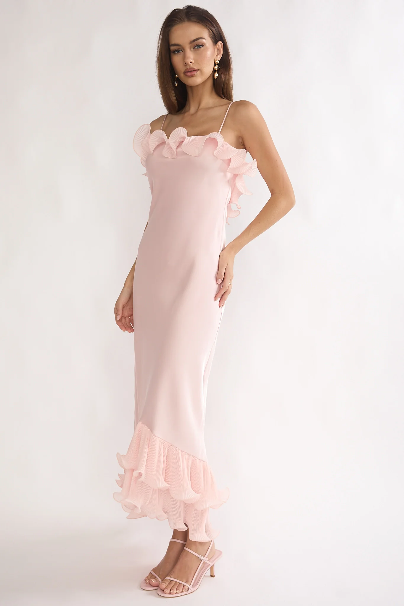 Okay, Cupid Low Back Ruffle Trim Maxi Dress Pink
