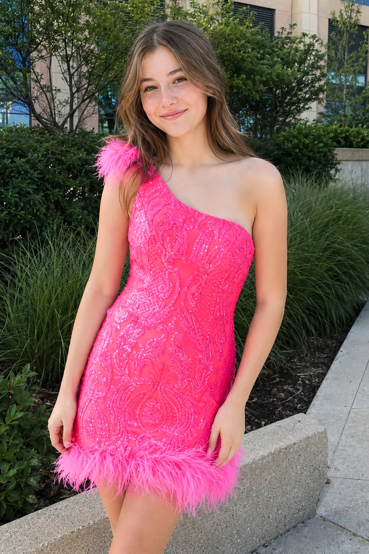 Unique Bodycon One Shoulder Hot Pink Sequins Lace Short Homecoming Dresses with Feather