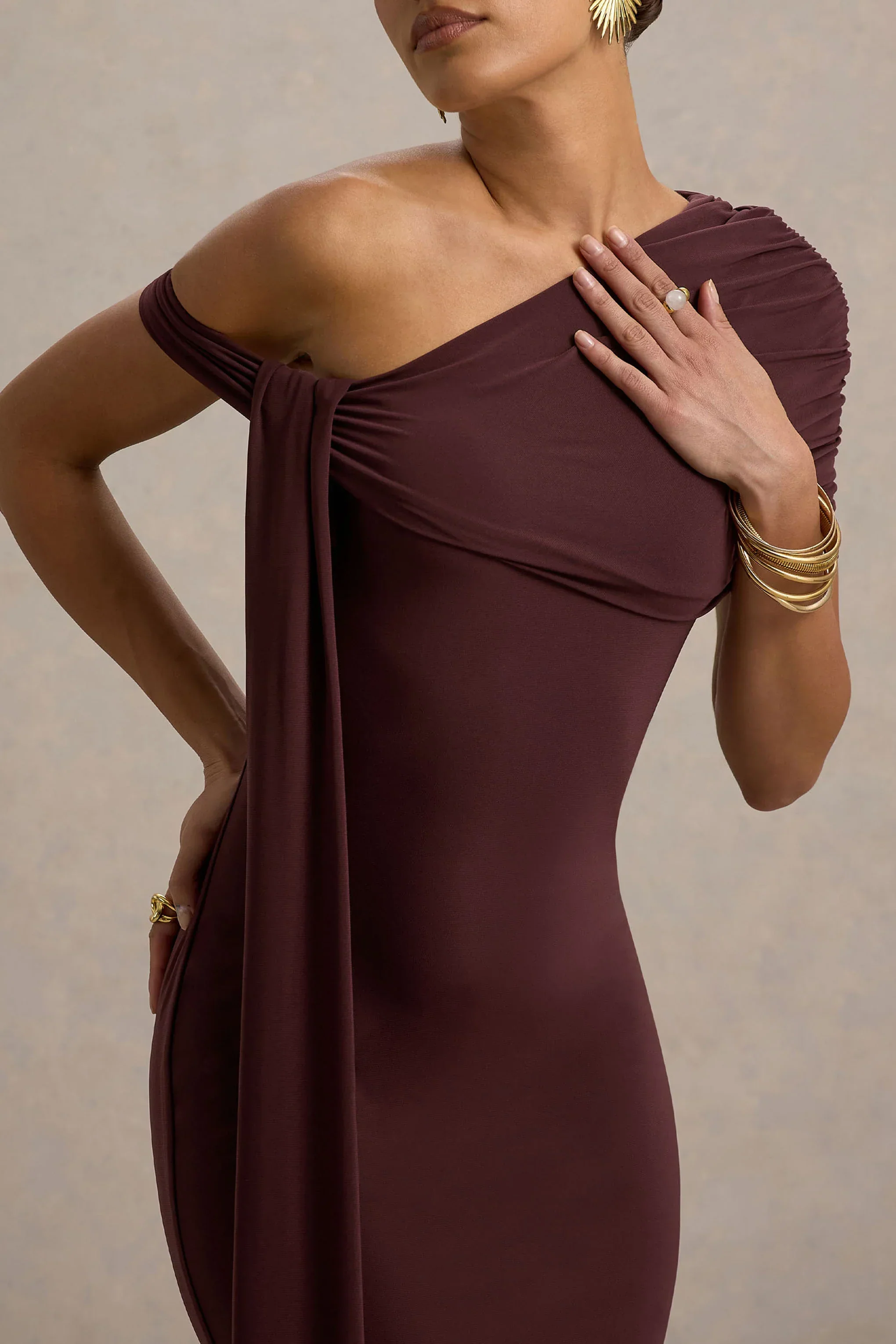 Praia | Chocolate Brown Asymmetric-Neck Midi Dress With Sash and Draped Detailing