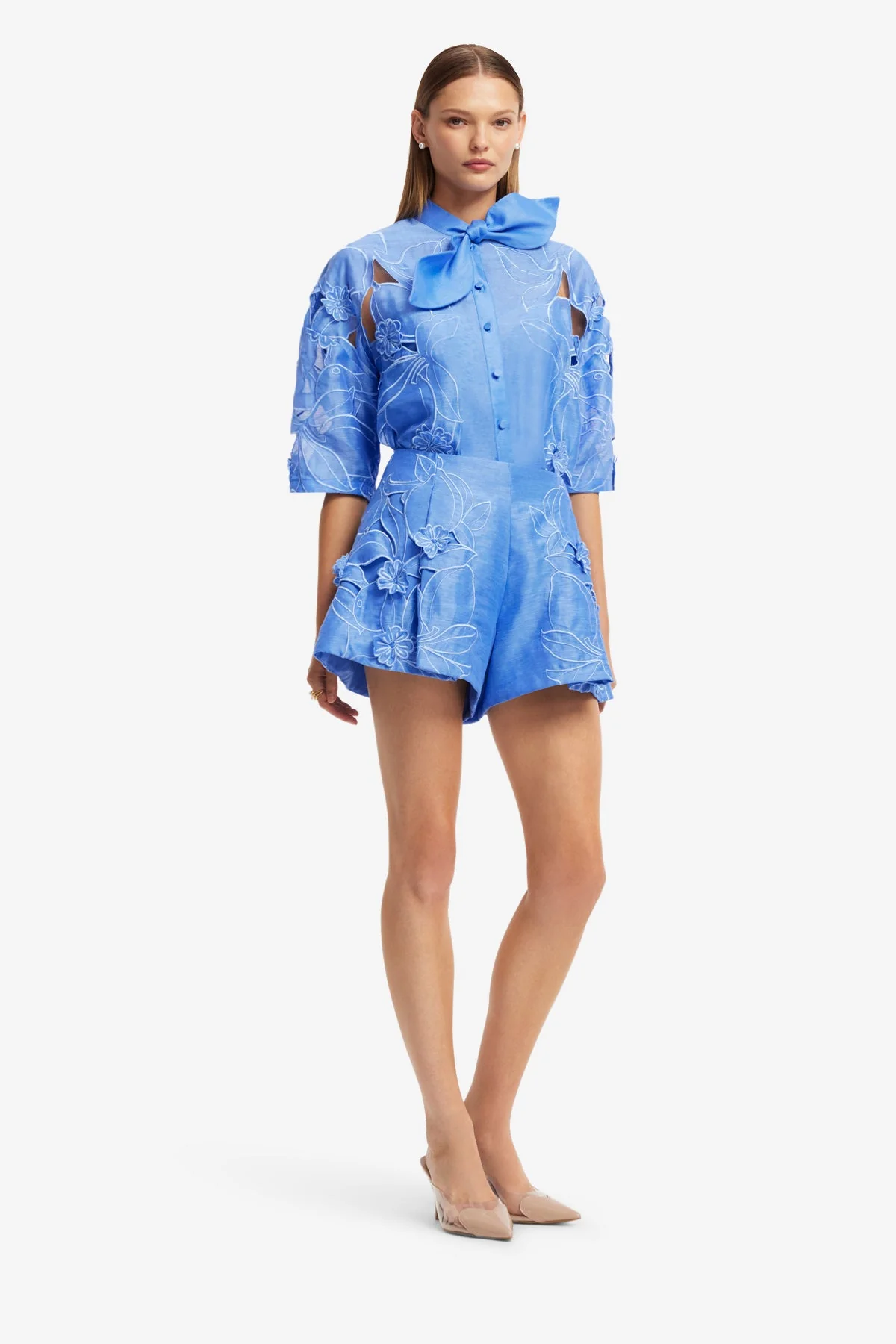 Brooklyn Appliqué Bow Puff Sleeve Top - Azure