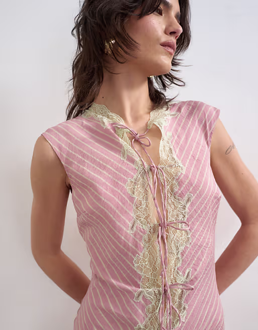 Topshop delicate tie front dress in pink stripe