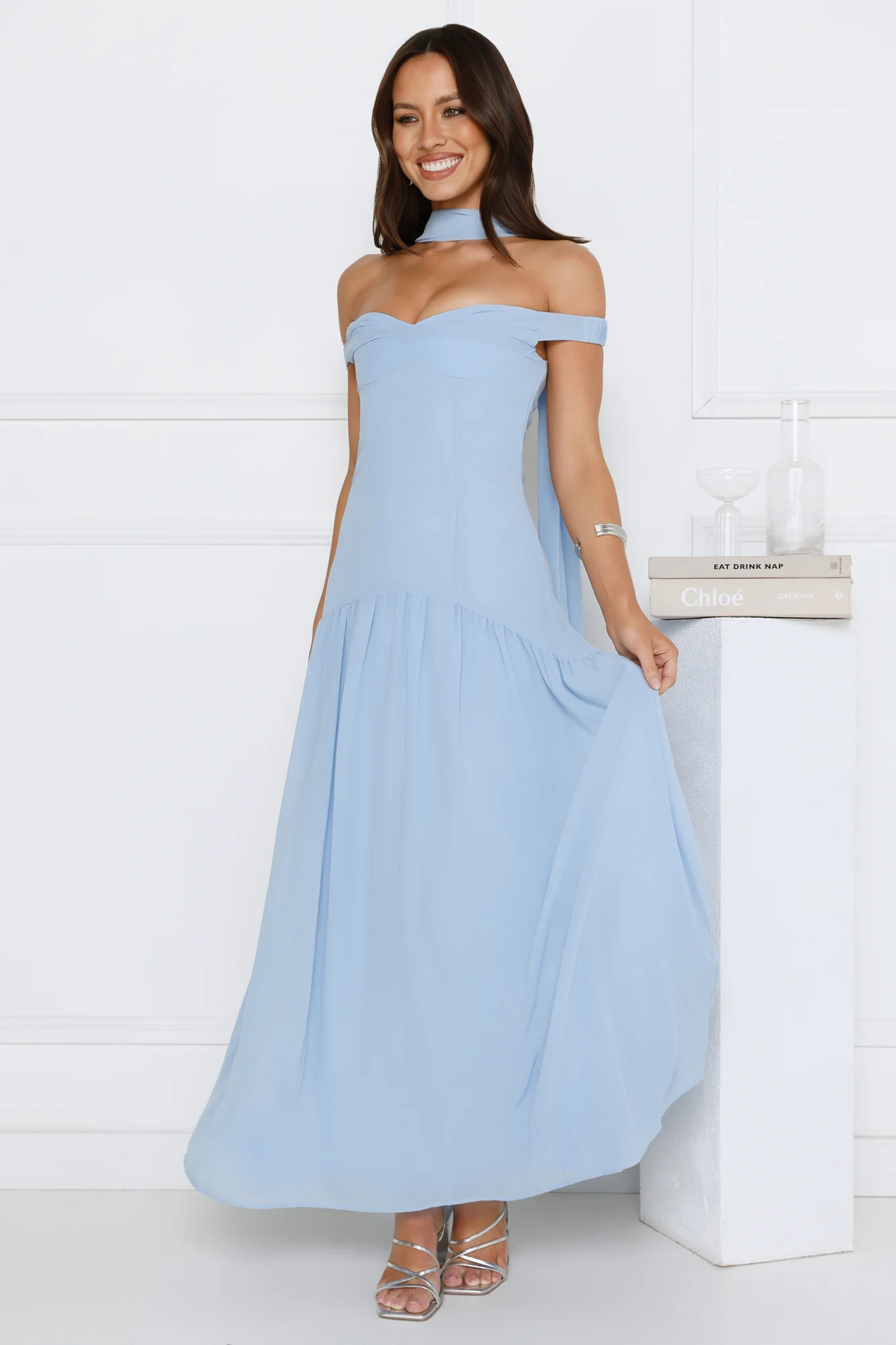 The Style Spotlight Off Shoulder Maxi Dress Blue