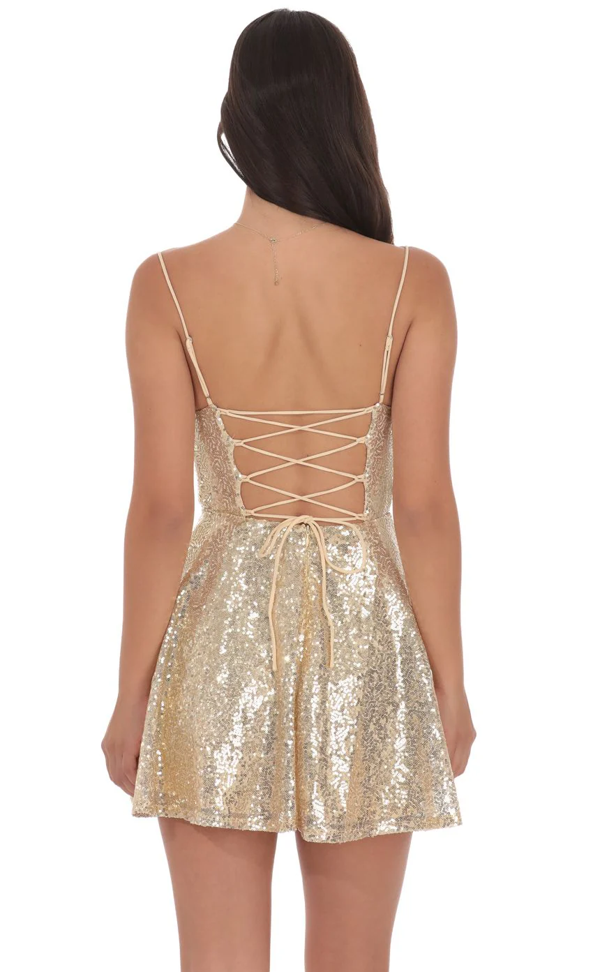 Sequin Cowl Neck Dress in Gold - luluinthesky
