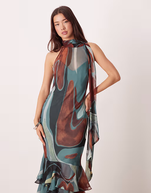 chiffon halter neck maxi dress with scarf detail in blue abstract