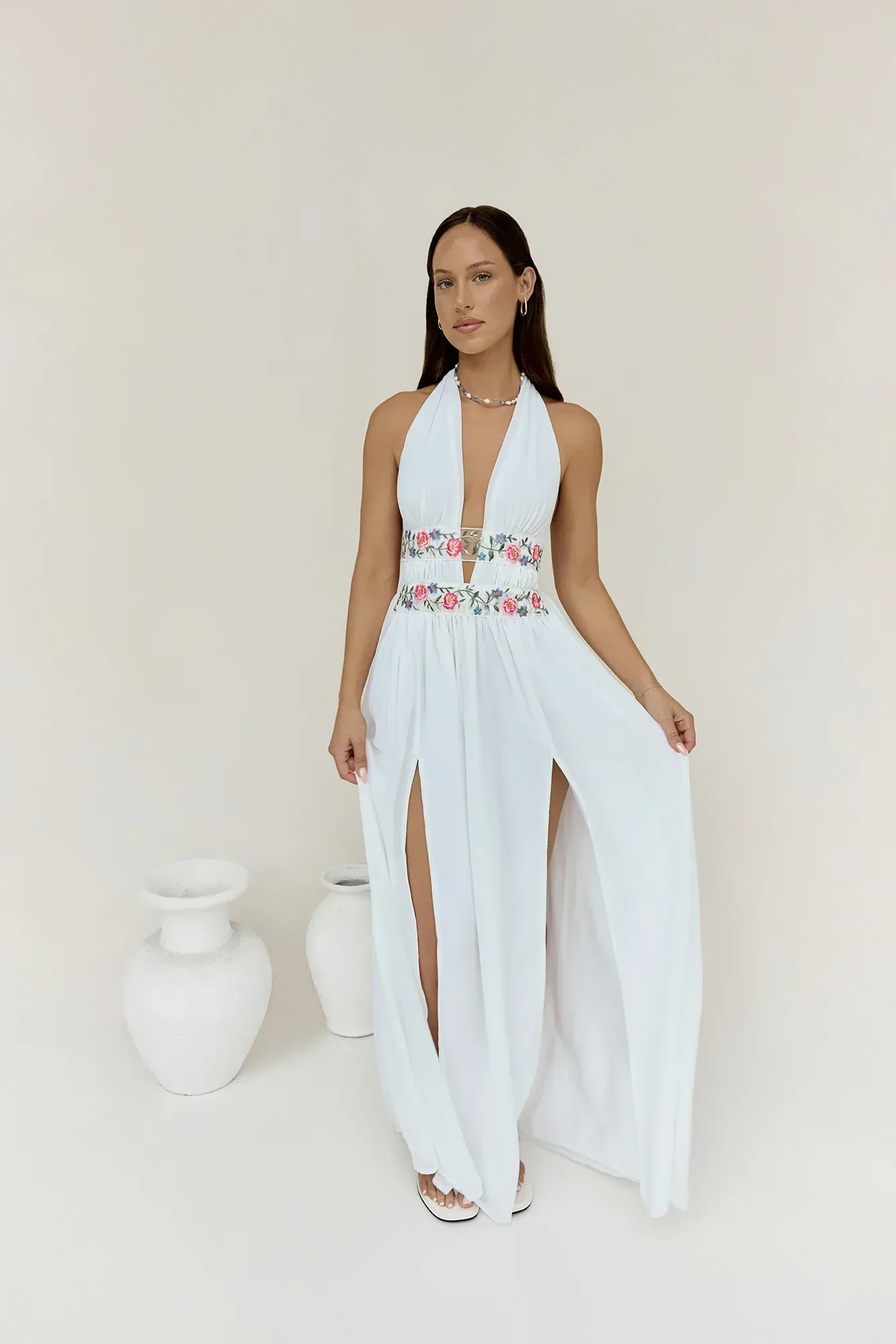 Maldives Garden Halter Maxi Dress White - luluinthesky