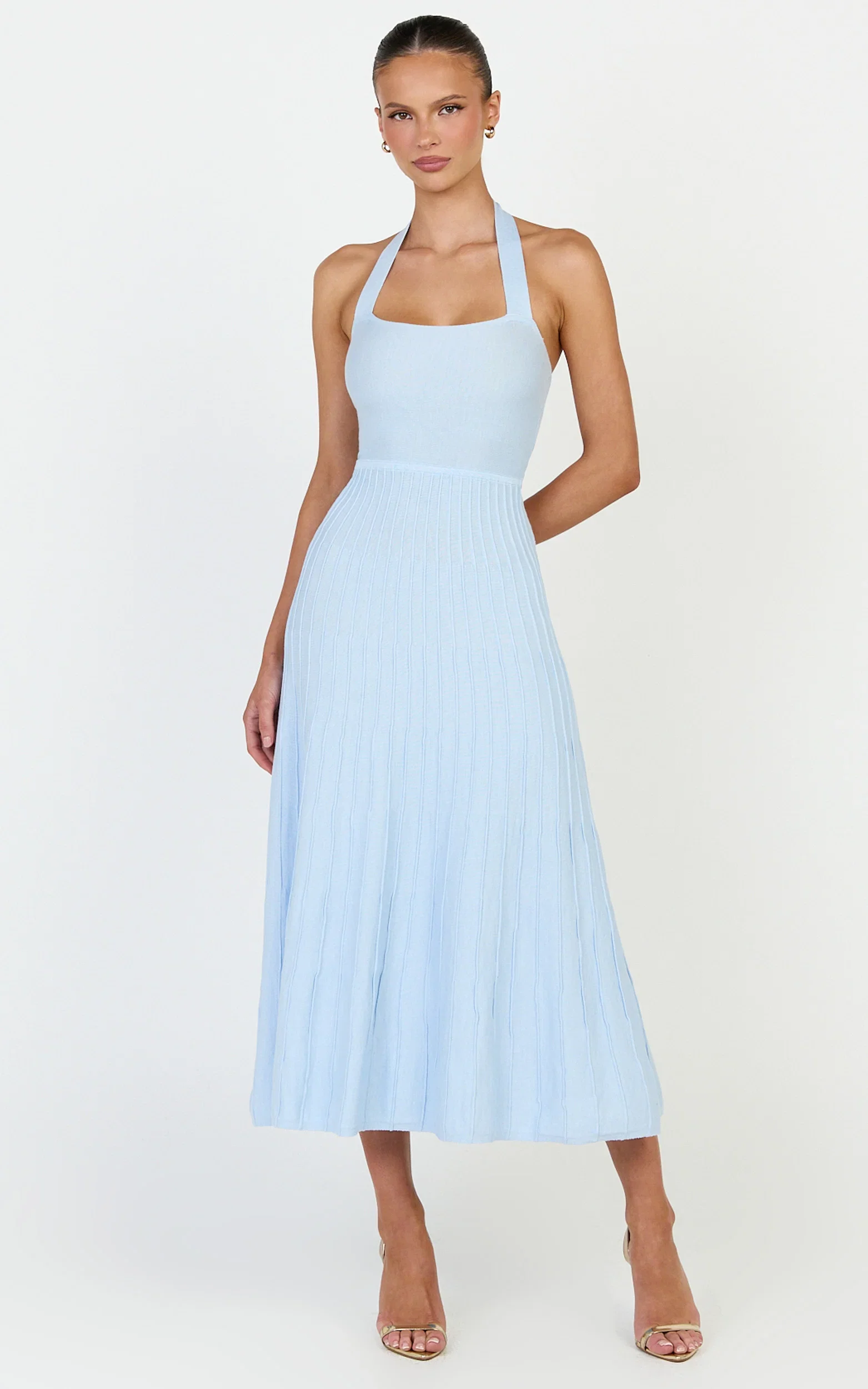 Candace Midi Dress - Halter Neck Ribbed Knit Dress in Baby Blue