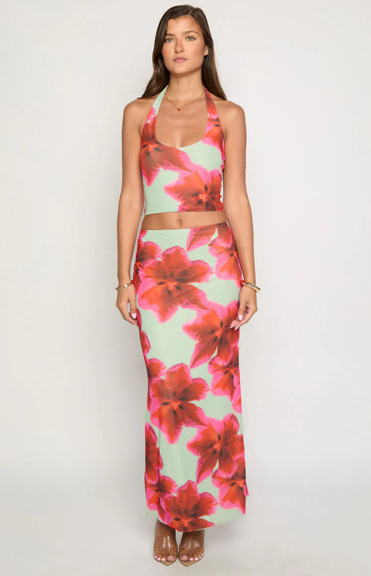 Elsa Green Floral Maxi Skirt