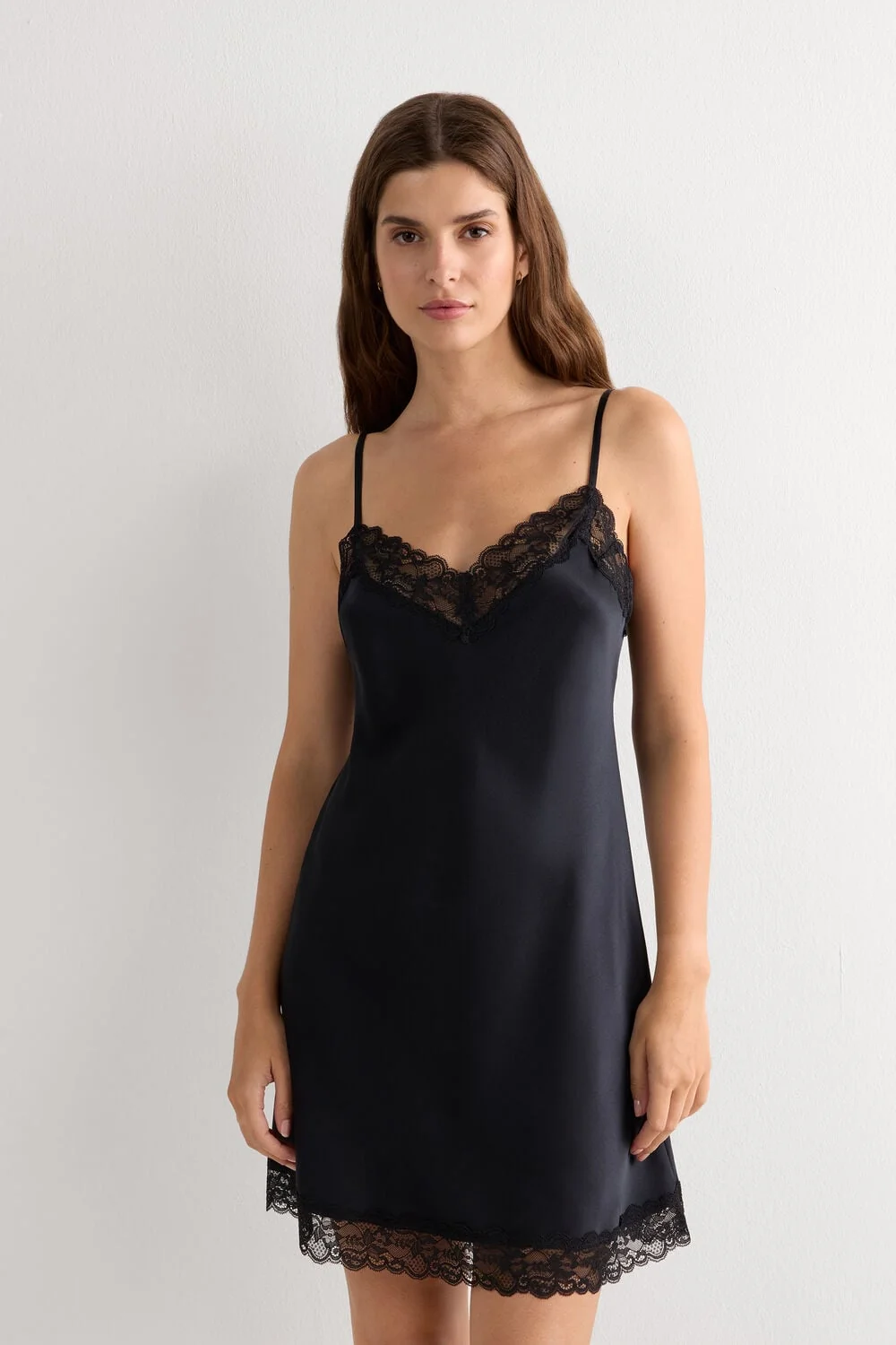 Silk Slip with Lace Insert Detail - Black