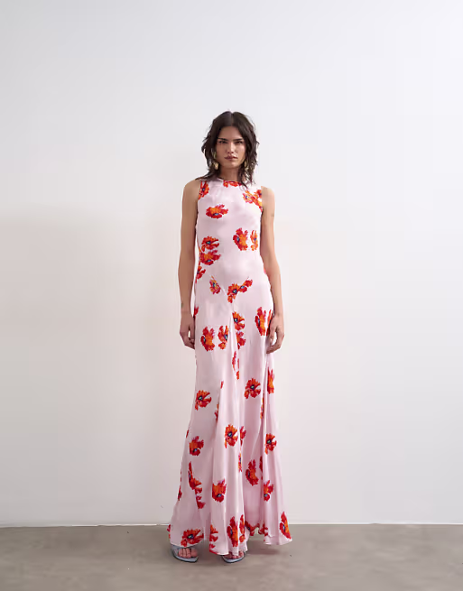 Topshop satin racer neck maxi dress in pink floral jacquard